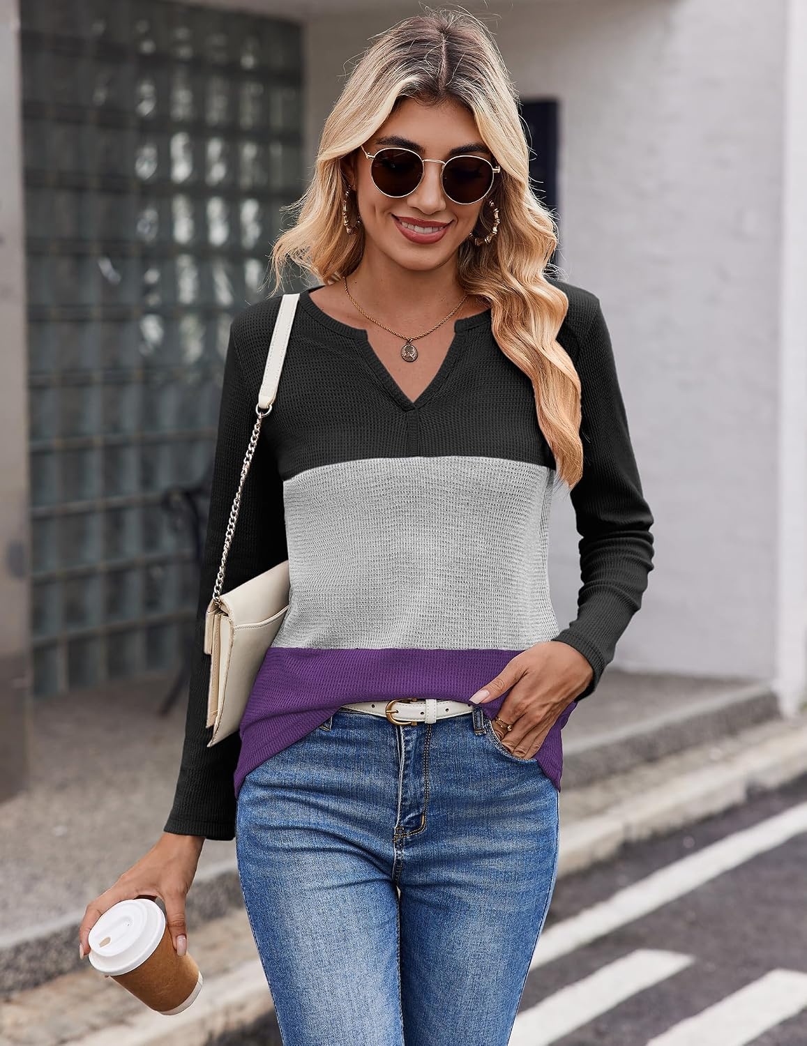 image:imageZeagoo Womens Waffle Shirts V Neck Long Sleeve Tops Color Block TShirts Casual Pullover Tunics 2025 Fashion Basic TeesBlackGrayPurple