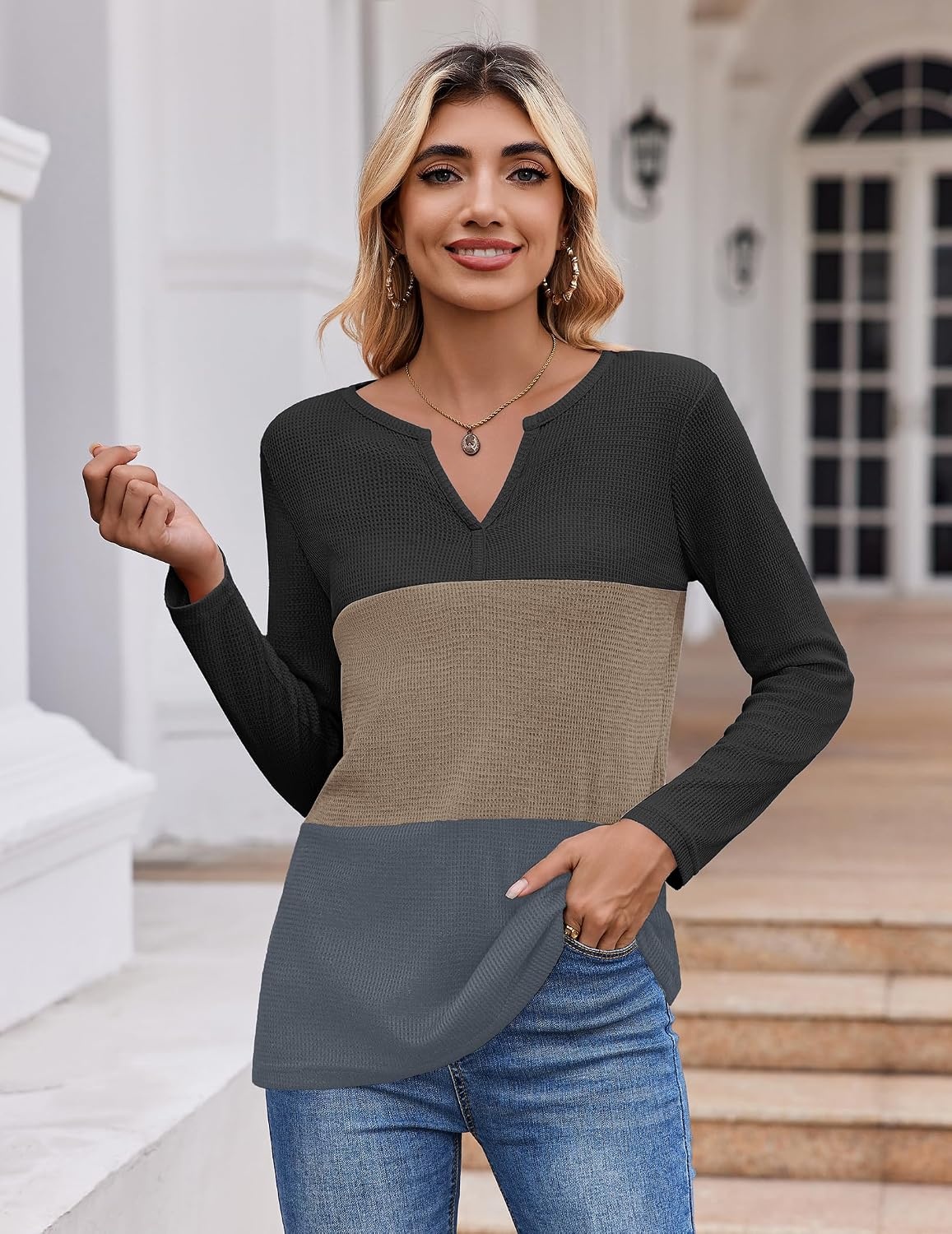image:imageZeagoo Womens Waffle Shirts V Neck Long Sleeve Tops Color Block TShirts Casual Pullover Tunics 2025 Fashion Basic TeesBlackKhakiDeep Gray