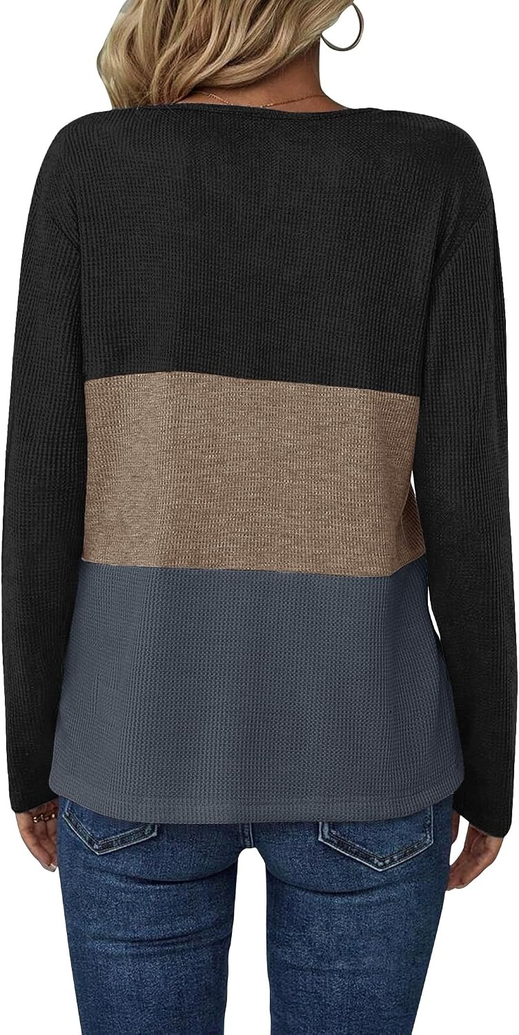 image:imageZeagoo Womens Waffle Shirts V Neck Long Sleeve Tops Color Block TShirts Casual Pullover Tunics 2025 Fashion Basic TeesBlackKhakiDeep Gray