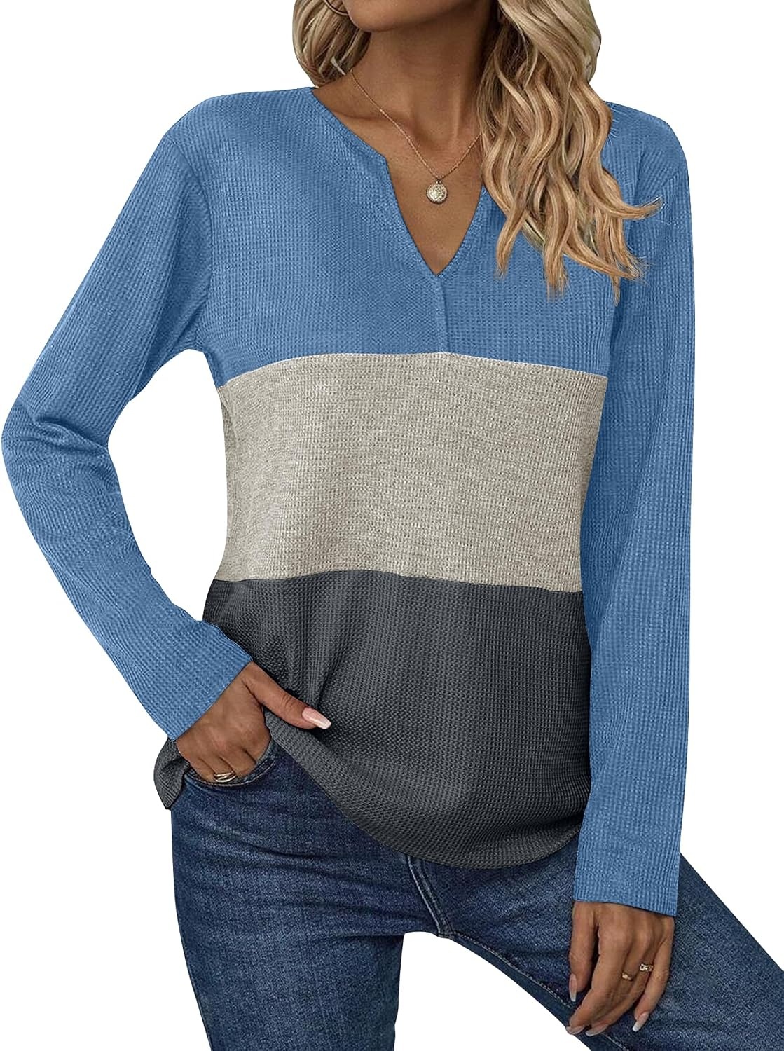 image:imageZeagoo Womens Waffle Shirts V Neck Long Sleeve Tops Color Block TShirts Casual Pullover Tunics 2025 Fashion Basic TeesBlueBeigeCharcoal