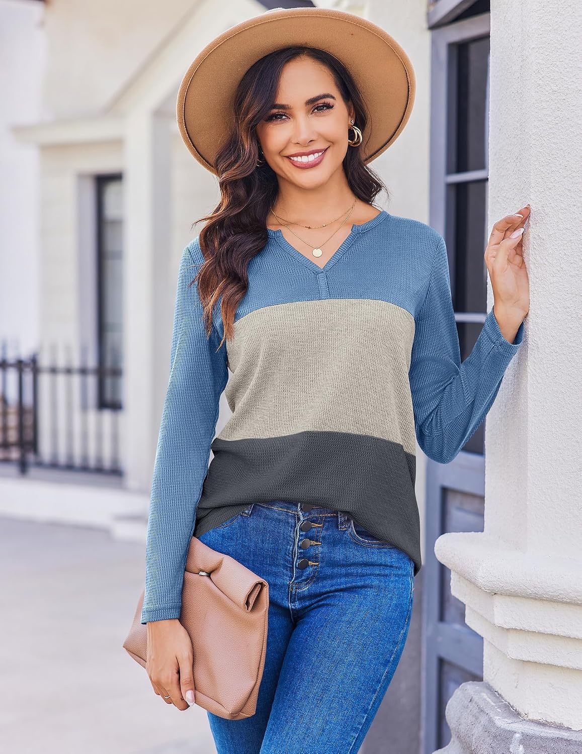image:imageZeagoo Womens Waffle Shirts V Neck Long Sleeve Tops Color Block TShirts Casual Pullover Tunics 2025 Fashion Basic TeesBlueBeigeCharcoal