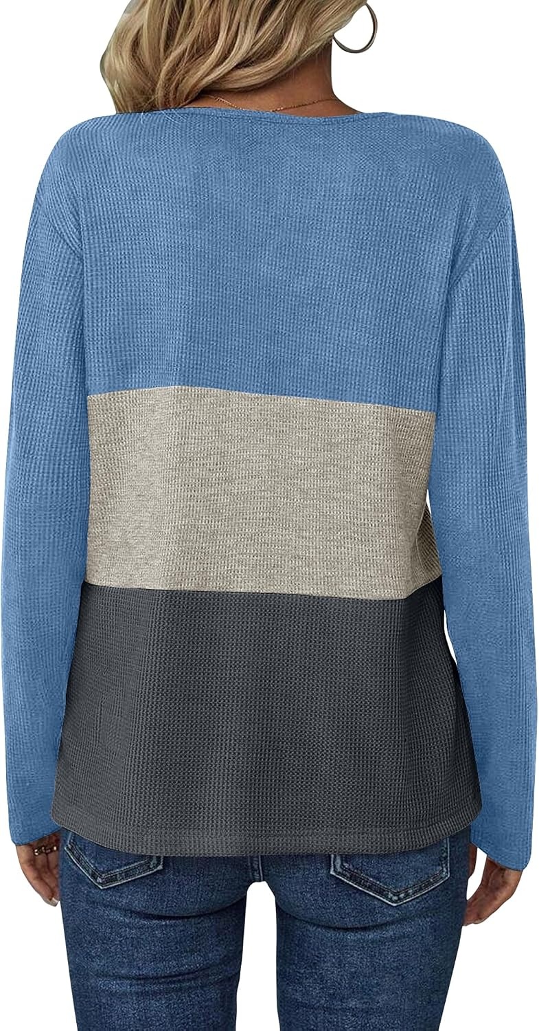 image:imageZeagoo Womens Waffle Shirts V Neck Long Sleeve Tops Color Block TShirts Casual Pullover Tunics 2025 Fashion Basic TeesBlueBeigeCharcoal