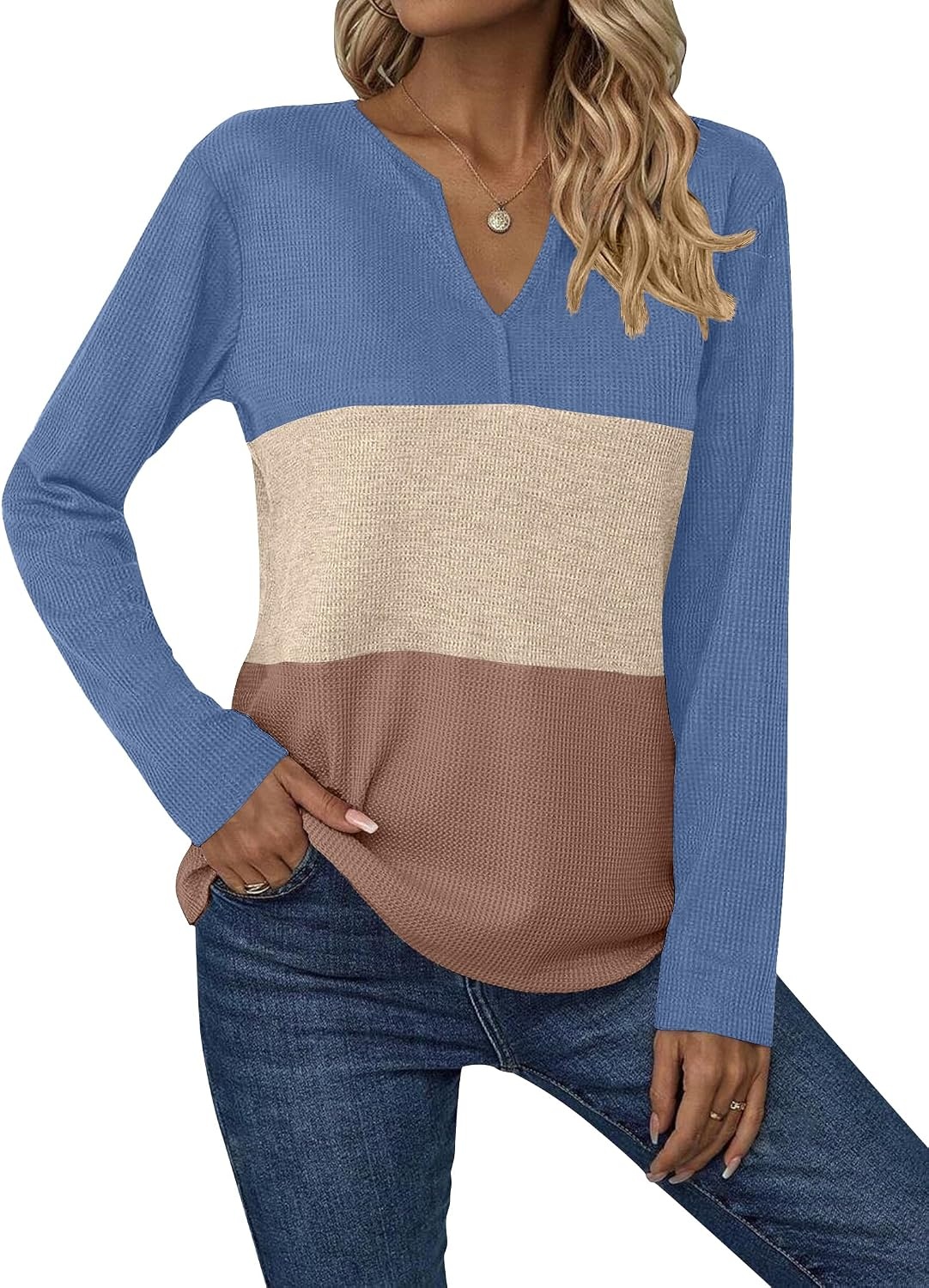 image:imageZeagoo Womens Waffle Shirts V Neck Long Sleeve Tops Color Block TShirts Casual Pullover Tunics 2025 Fashion Basic TeesBlueLight BrownBrown