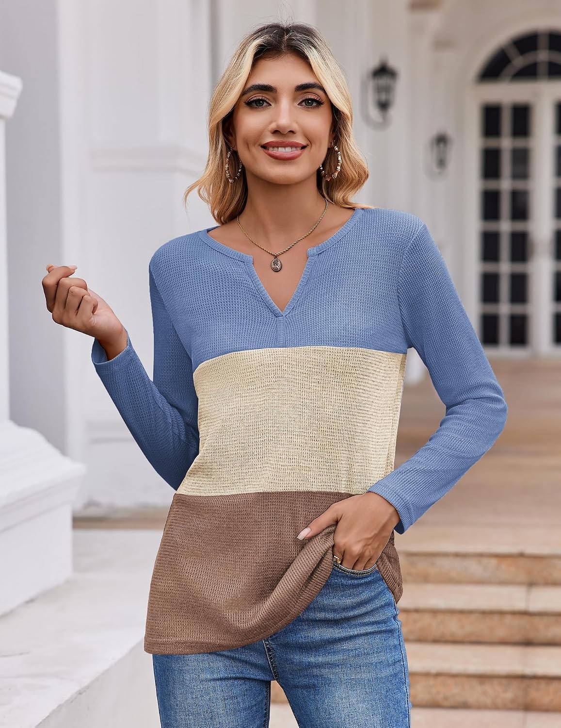 image:imageZeagoo Womens Waffle Shirts V Neck Long Sleeve Tops Color Block TShirts Casual Pullover Tunics 2025 Fashion Basic TeesBlueLight BrownBrown