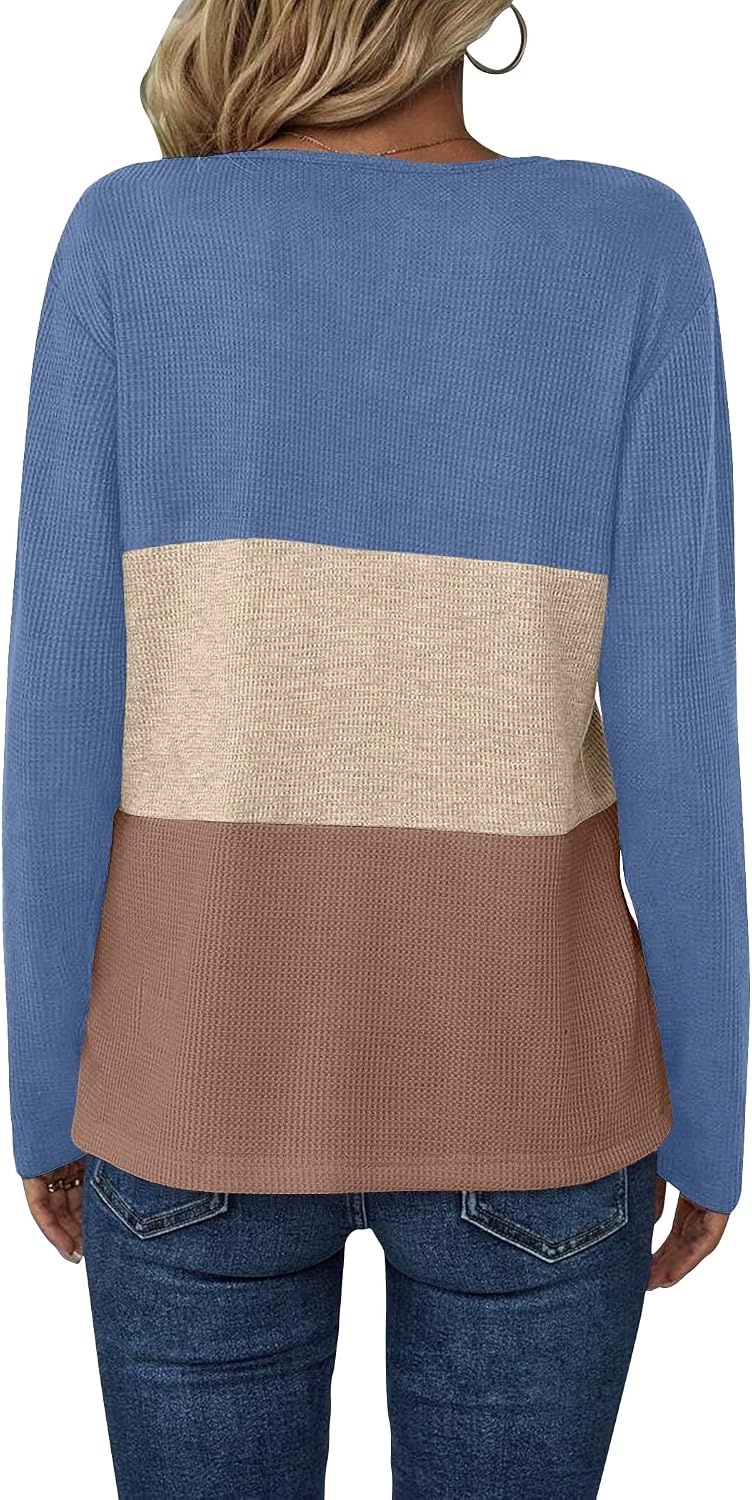 image:imageZeagoo Womens Waffle Shirts V Neck Long Sleeve Tops Color Block TShirts Casual Pullover Tunics 2025 Fashion Basic TeesBlueLight BrownBrown