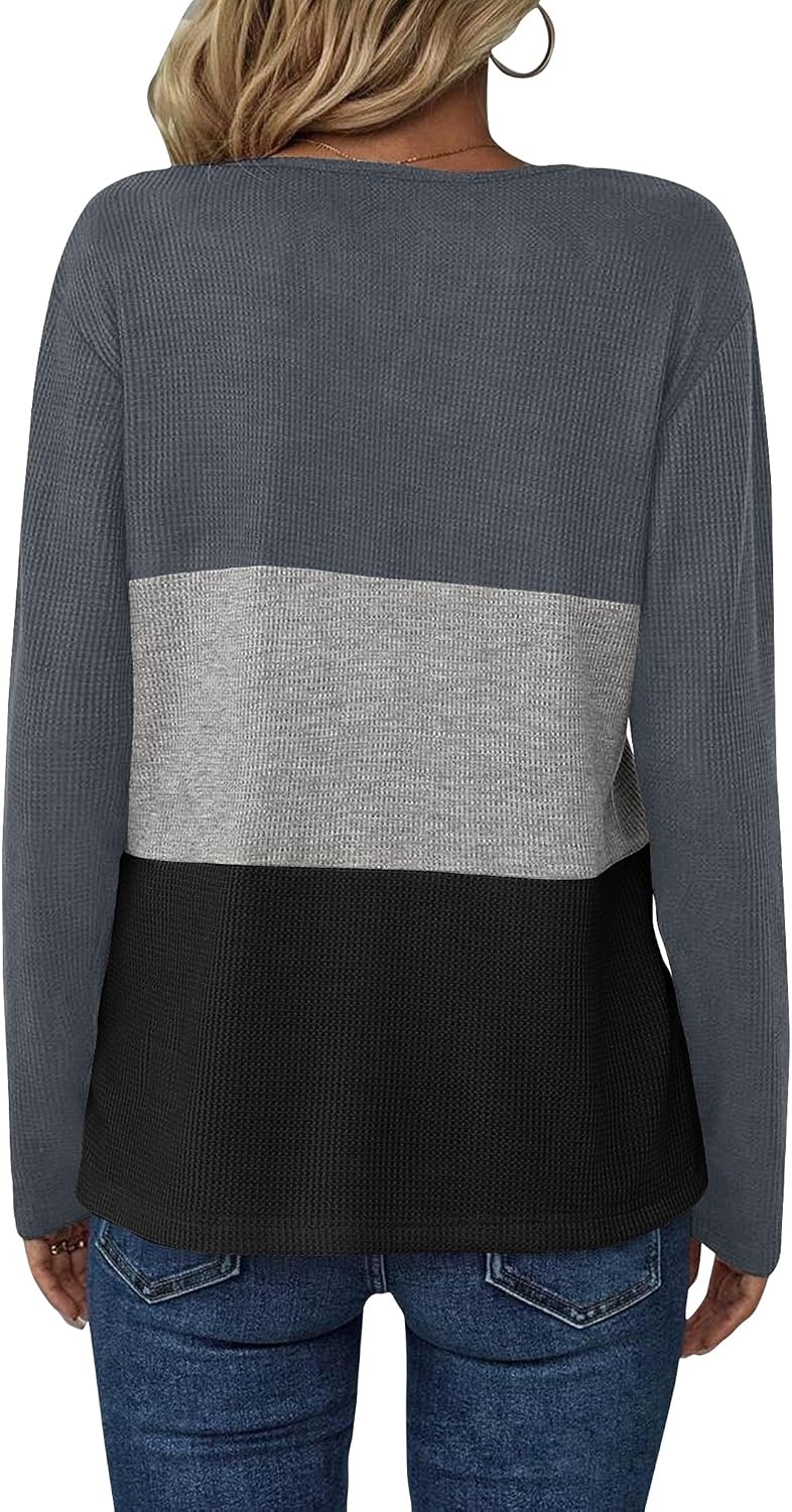 image:imageZeagoo Womens Waffle Shirts V Neck Long Sleeve Tops Color Block TShirts Casual Pullover Tunics 2025 Fashion Basic TeesCharcoalGrayBlack