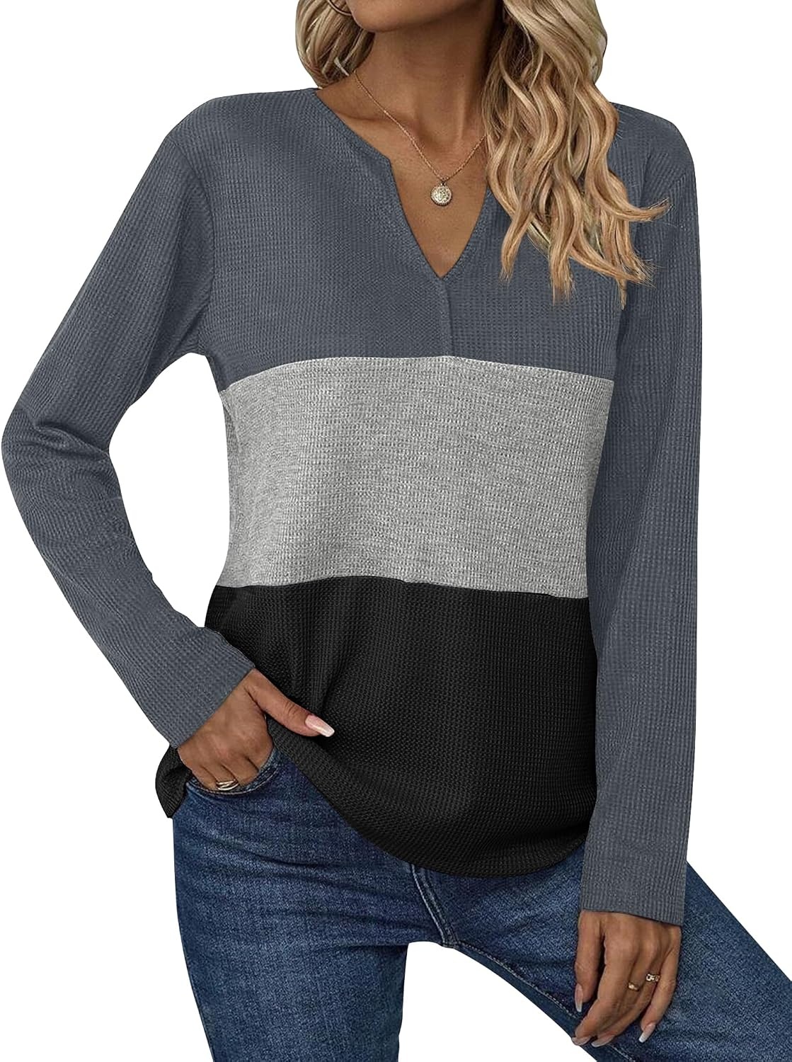 image:imageZeagoo Womens Waffle Shirts V Neck Long Sleeve Tops Color Block TShirts Casual Pullover Tunics 2025 Fashion Basic TeesCharcoalGrayBlack