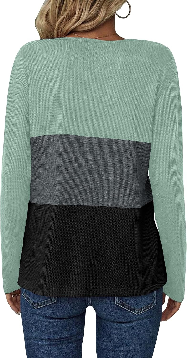 image:imageZeagoo Womens Waffle Shirts V Neck Long Sleeve Tops Color Block TShirts Casual Pullover Tunics 2025 Fashion Basic TeesMintCharcoalBlack