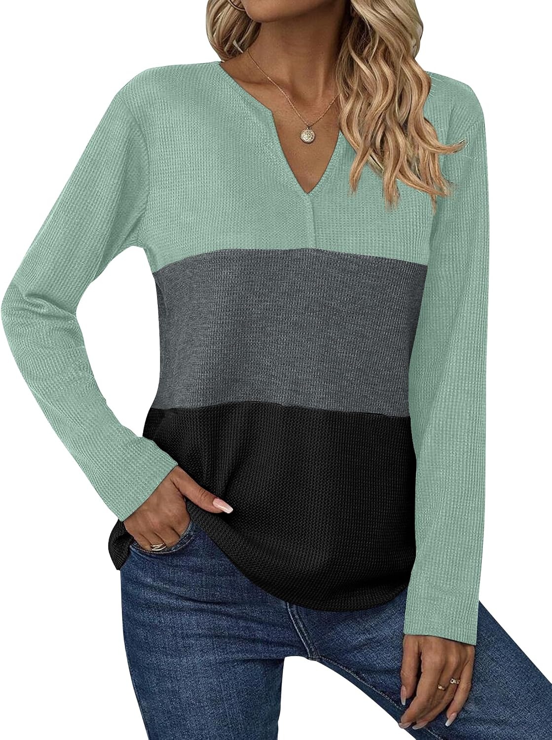 image:imageZeagoo Womens Waffle Shirts V Neck Long Sleeve Tops Color Block TShirts Casual Pullover Tunics 2025 Fashion Basic TeesMintCharcoalBlack