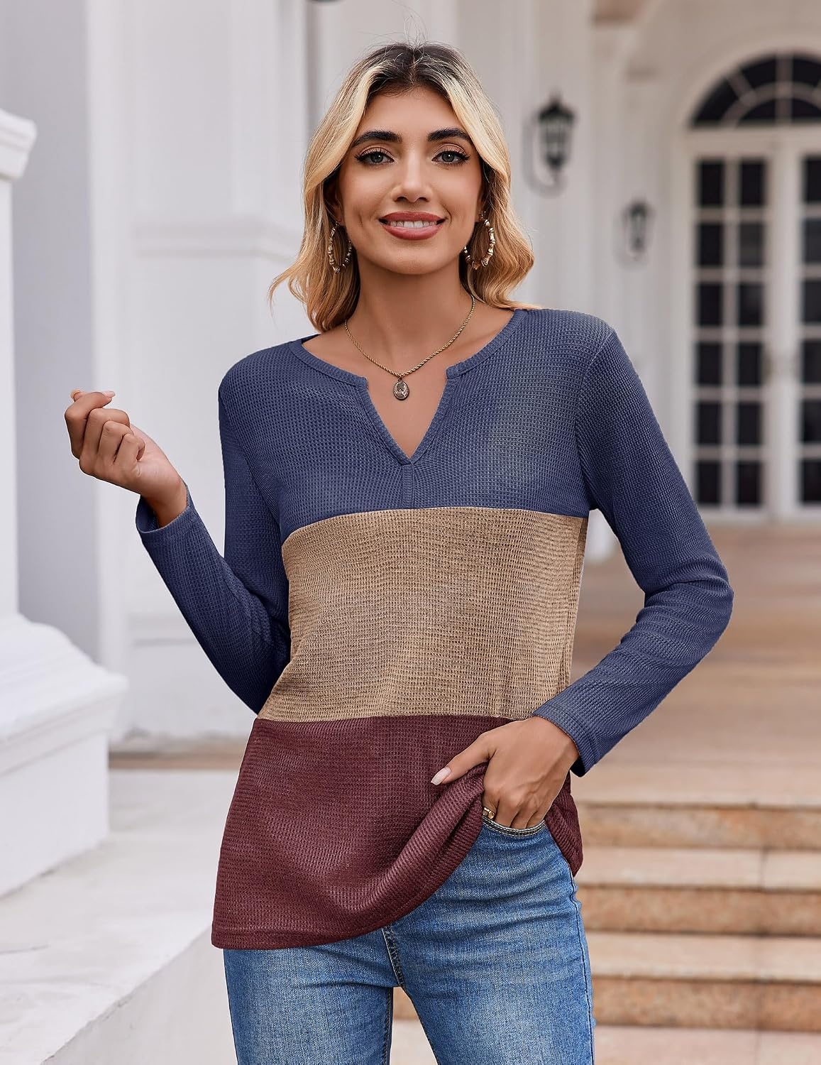 image:imageZeagoo Womens Waffle Shirts V Neck Long Sleeve Tops Color Block TShirts Casual Pullover Tunics 2025 Fashion Basic TeesNavy BlueBrownRed