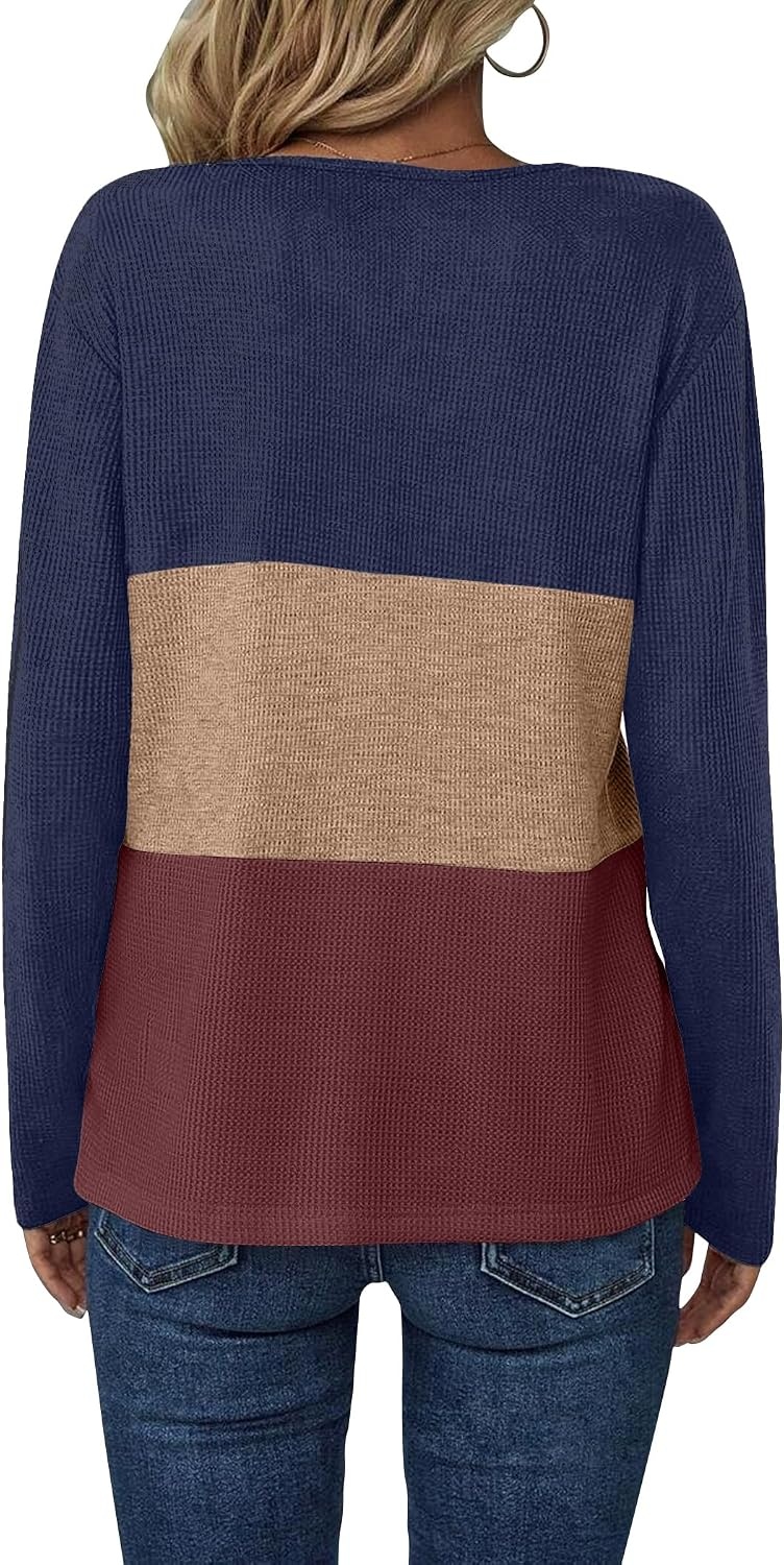 image:imageZeagoo Womens Waffle Shirts V Neck Long Sleeve Tops Color Block TShirts Casual Pullover Tunics 2025 Fashion Basic TeesNavy BlueBrownRed