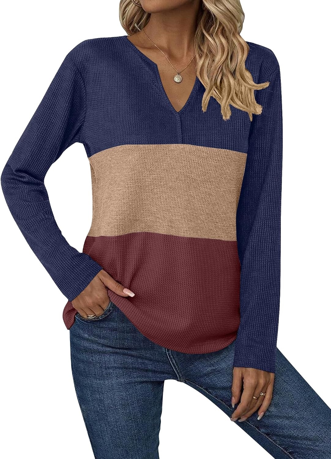 image:imageZeagoo Womens Waffle Shirts V Neck Long Sleeve Tops Color Block TShirts Casual Pullover Tunics 2025 Fashion Basic TeesNavy BlueBrownRed