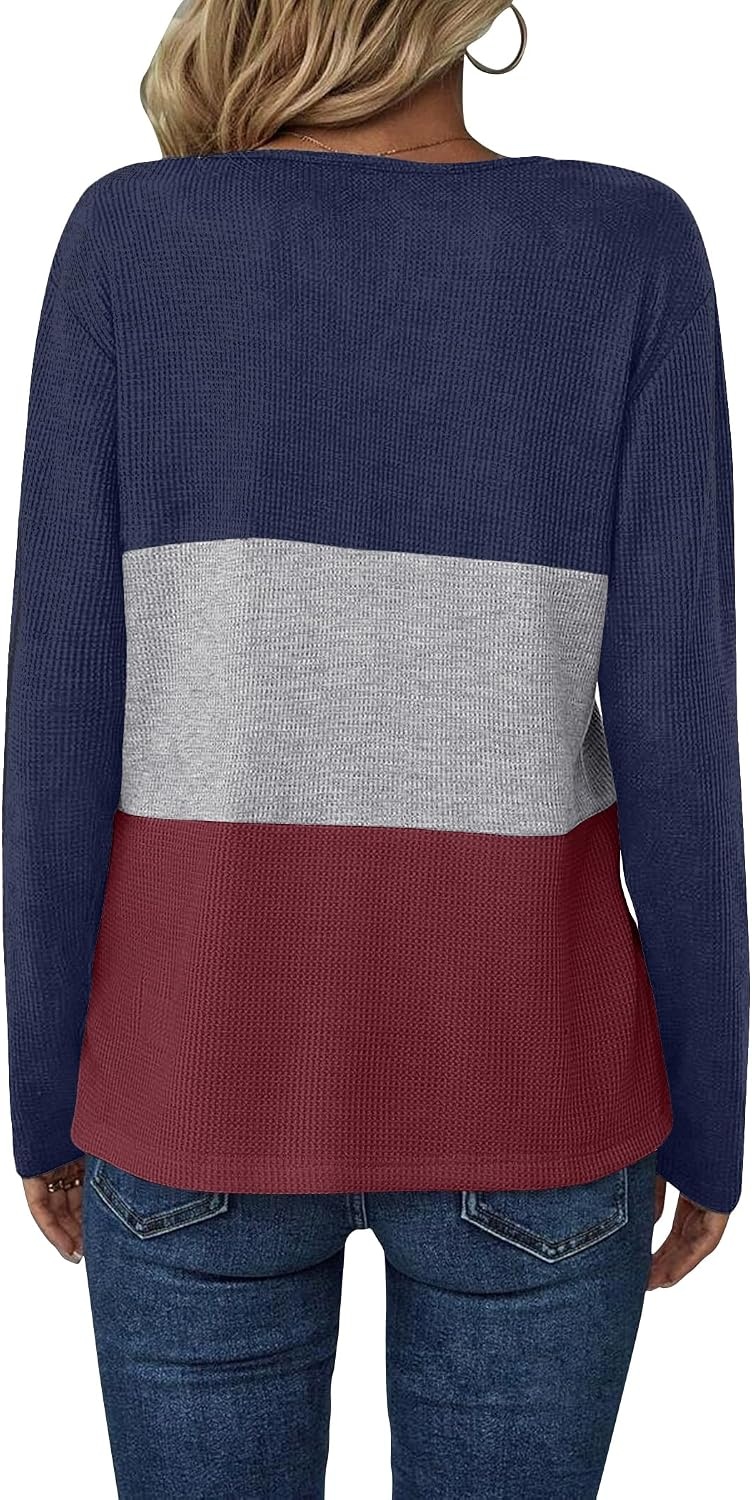 image:imageZeagoo Womens Waffle Shirts V Neck Long Sleeve Tops Color Block TShirts Casual Pullover Tunics 2025 Fashion Basic TeesNavy BlueGrayBurgundy