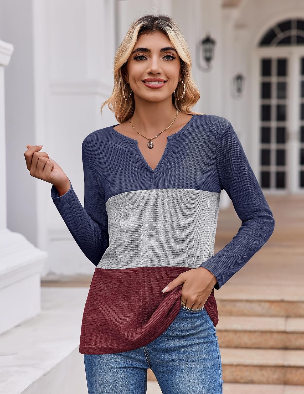image:imageZeagoo Womens Waffle Shirts V Neck Long Sleeve Tops Color Block TShirts Casual Pullover Tunics 2025 Fashion Basic TeesNavy BlueGrayBurgundy