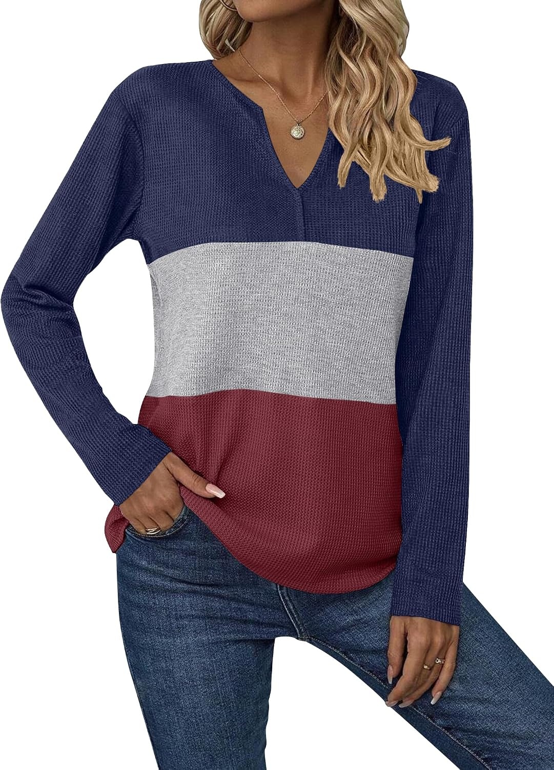 image:imageZeagoo Womens Waffle Shirts V Neck Long Sleeve Tops Color Block TShirts Casual Pullover Tunics 2025 Fashion Basic TeesNavy BlueGrayBurgundy