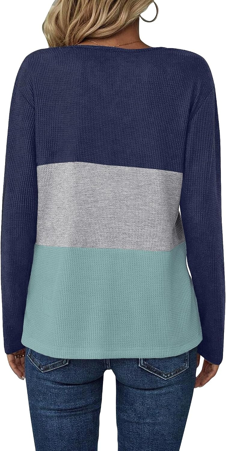 image:imageZeagoo Womens Waffle Shirts V Neck Long Sleeve Tops Color Block TShirts Casual Pullover Tunics 2025 Fashion Basic TeesNavy BlueGrayGreen