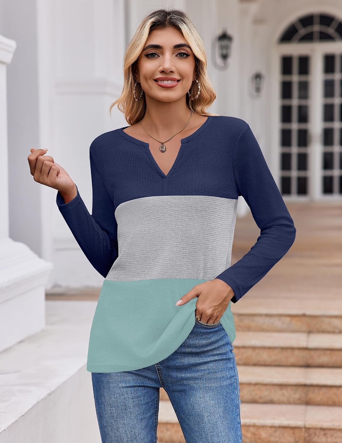 image:imageZeagoo Womens Waffle Shirts V Neck Long Sleeve Tops Color Block TShirts Casual Pullover Tunics 2025 Fashion Basic TeesNavy BlueGrayGreen