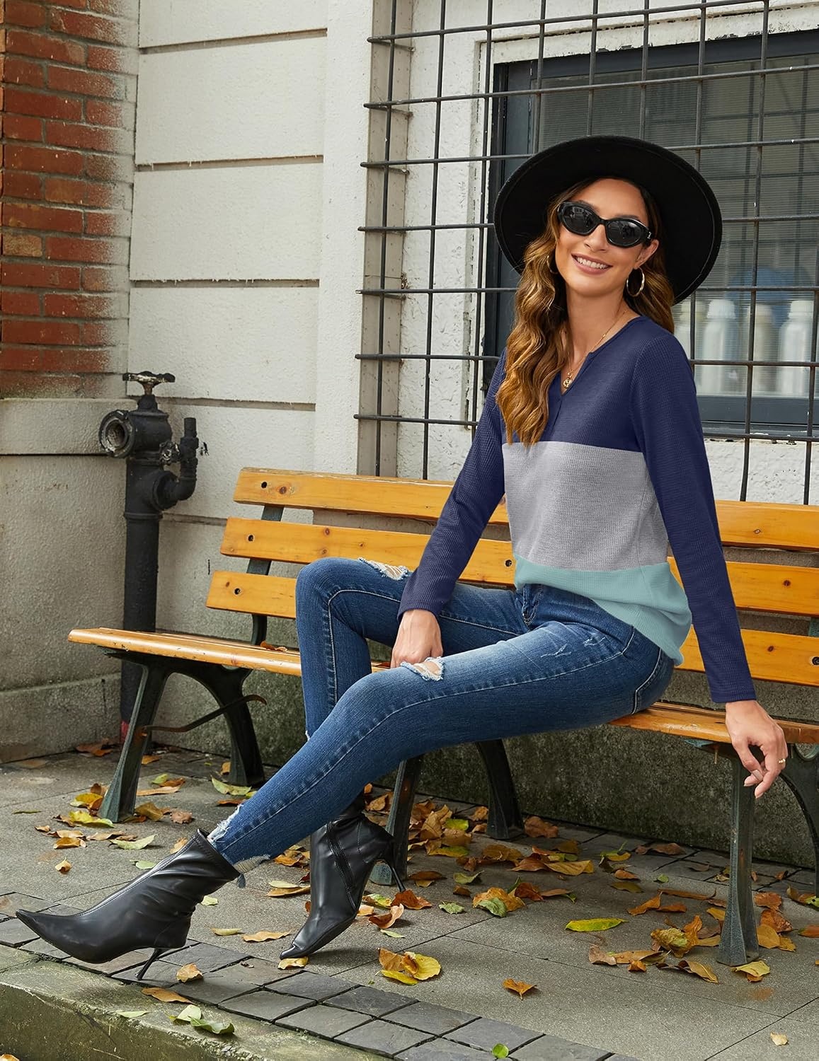 image:imageZeagoo Womens Waffle Shirts V Neck Long Sleeve Tops Color Block TShirts Casual Pullover Tunics 2025 Fashion Basic TeesNavy BlueGrayGreen