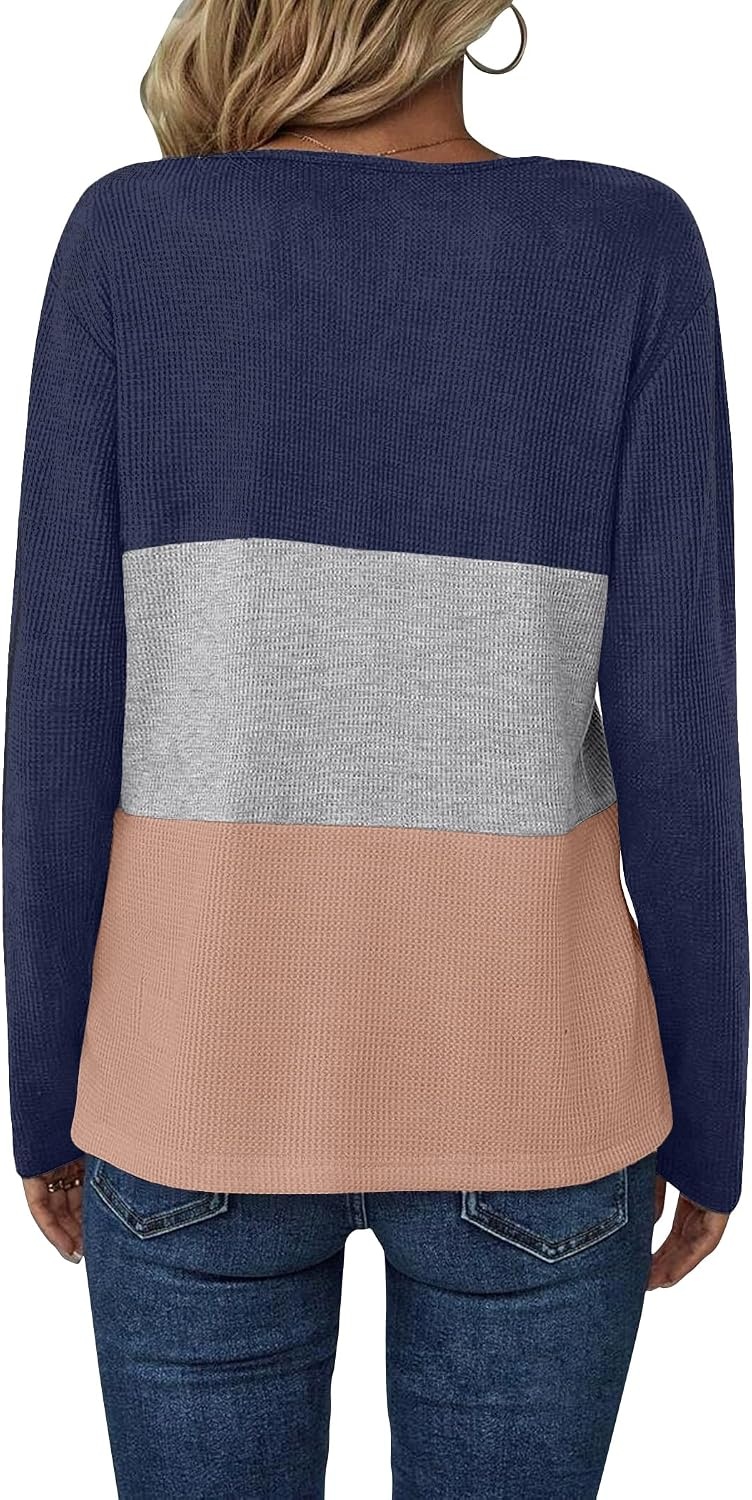 image:imageZeagoo Womens Waffle Shirts V Neck Long Sleeve Tops Color Block TShirts Casual Pullover Tunics 2025 Fashion Basic TeesNavy BlueGrayLight Brown