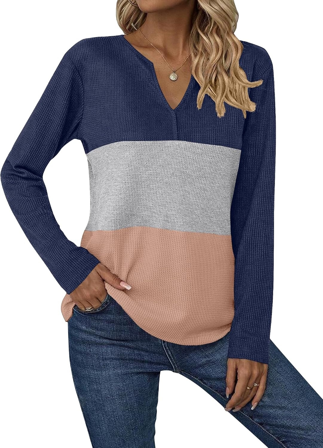 image:imageZeagoo Womens Waffle Shirts V Neck Long Sleeve Tops Color Block TShirts Casual Pullover Tunics 2025 Fashion Basic TeesNavy BlueGrayLight Brown