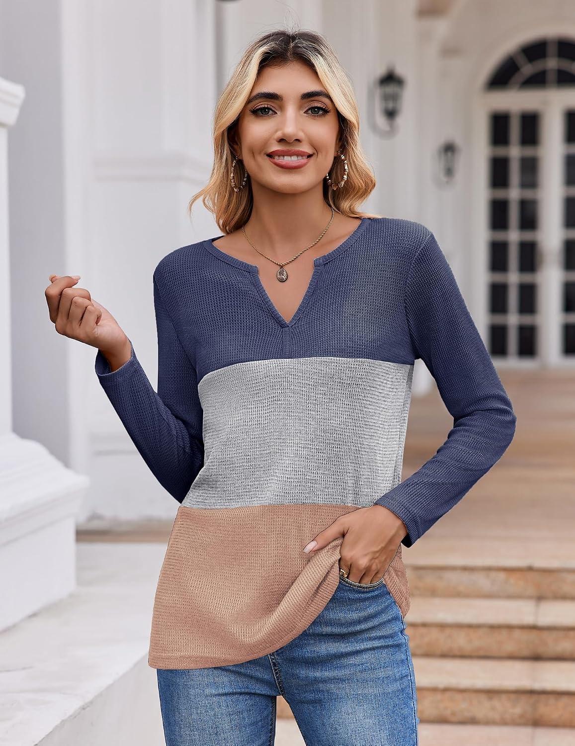 image:imageZeagoo Womens Waffle Shirts V Neck Long Sleeve Tops Color Block TShirts Casual Pullover Tunics 2025 Fashion Basic TeesNavy BlueGrayLight Brown