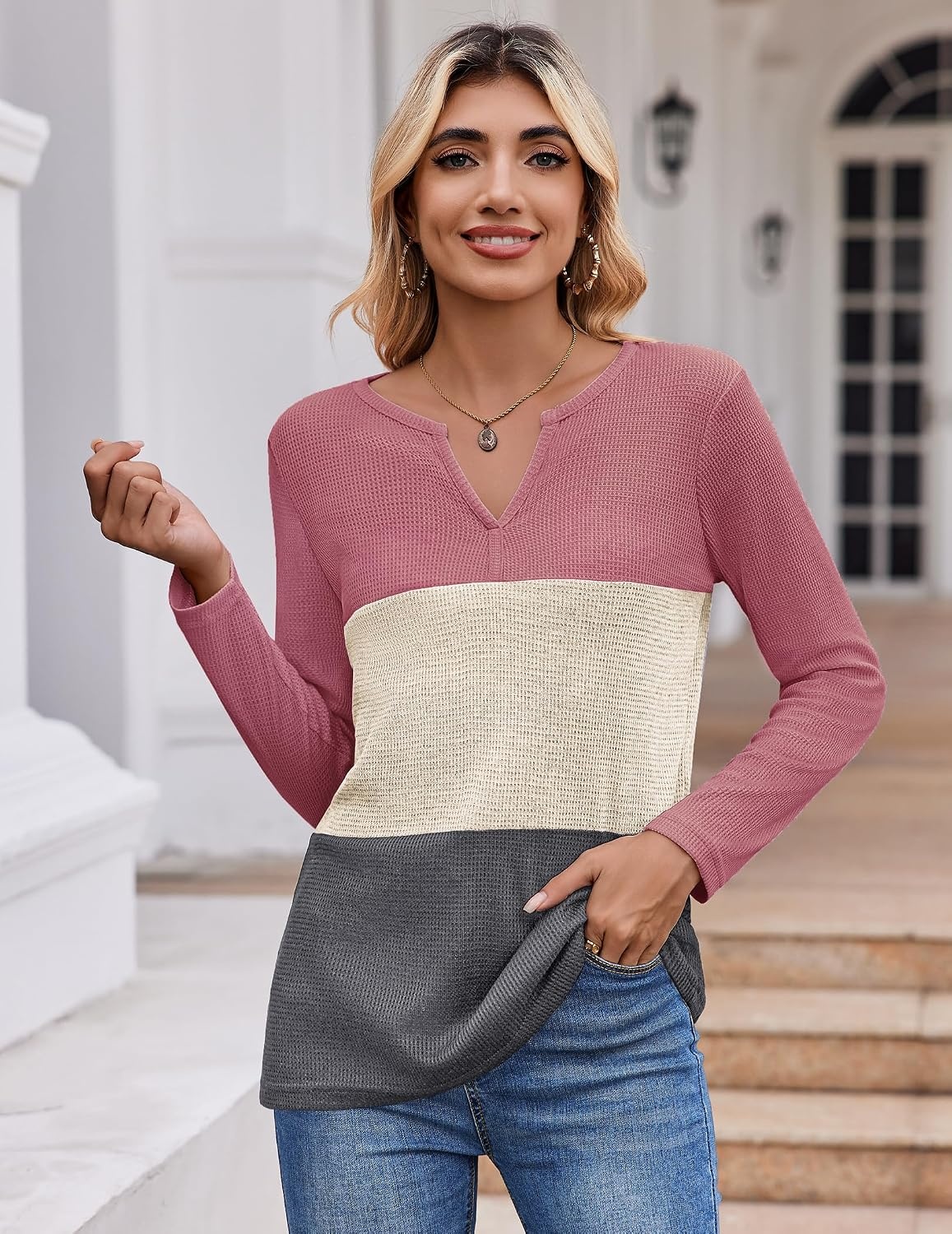 image:imageZeagoo Womens Waffle Shirts V Neck Long Sleeve Tops Color Block TShirts Casual Pullover Tunics 2025 Fashion Basic TeesPink PurpleBeigeDark Gray