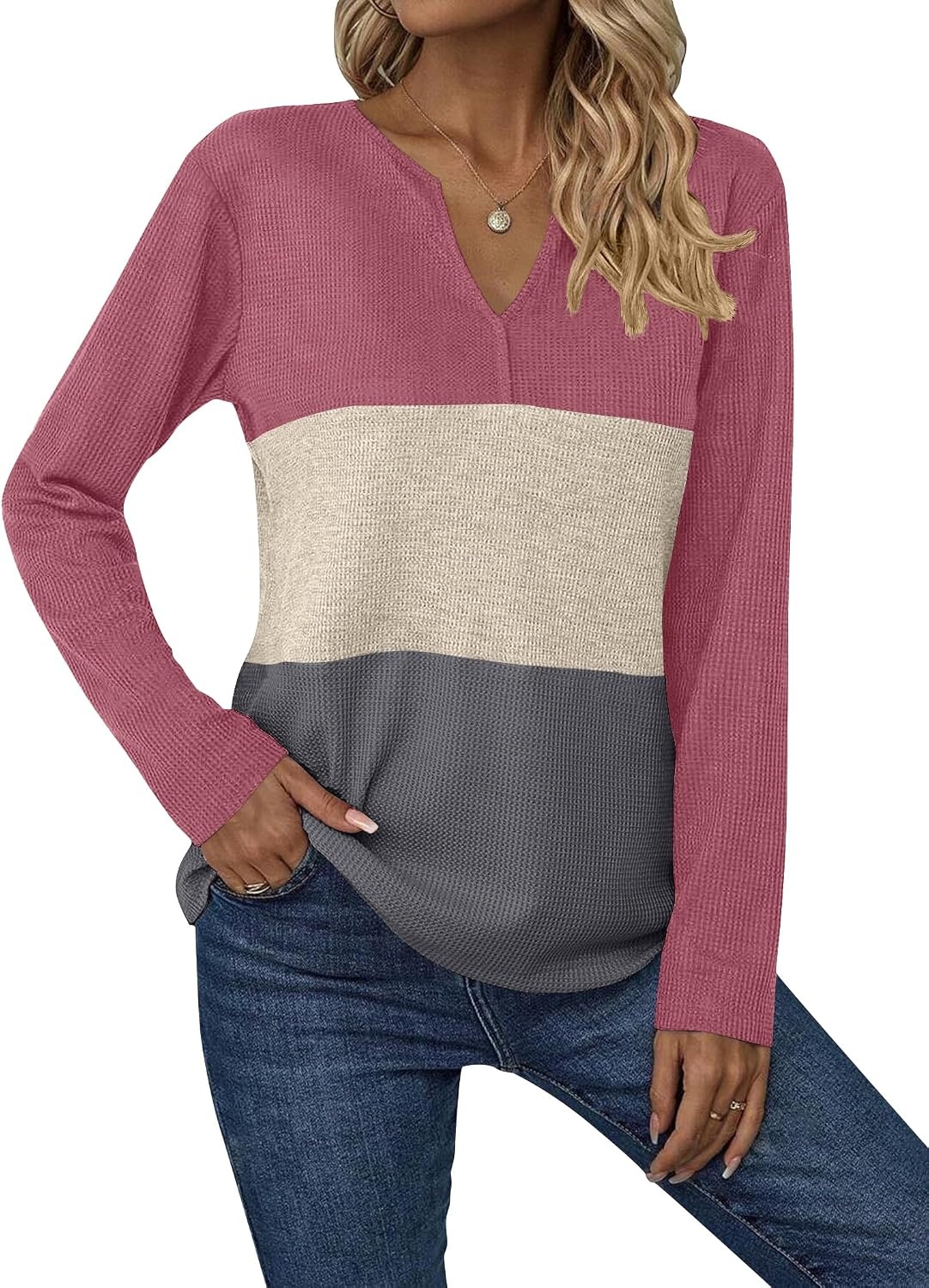 image:imageZeagoo Womens Waffle Shirts V Neck Long Sleeve Tops Color Block TShirts Casual Pullover Tunics 2025 Fashion Basic TeesPink PurpleBeigeDark Gray