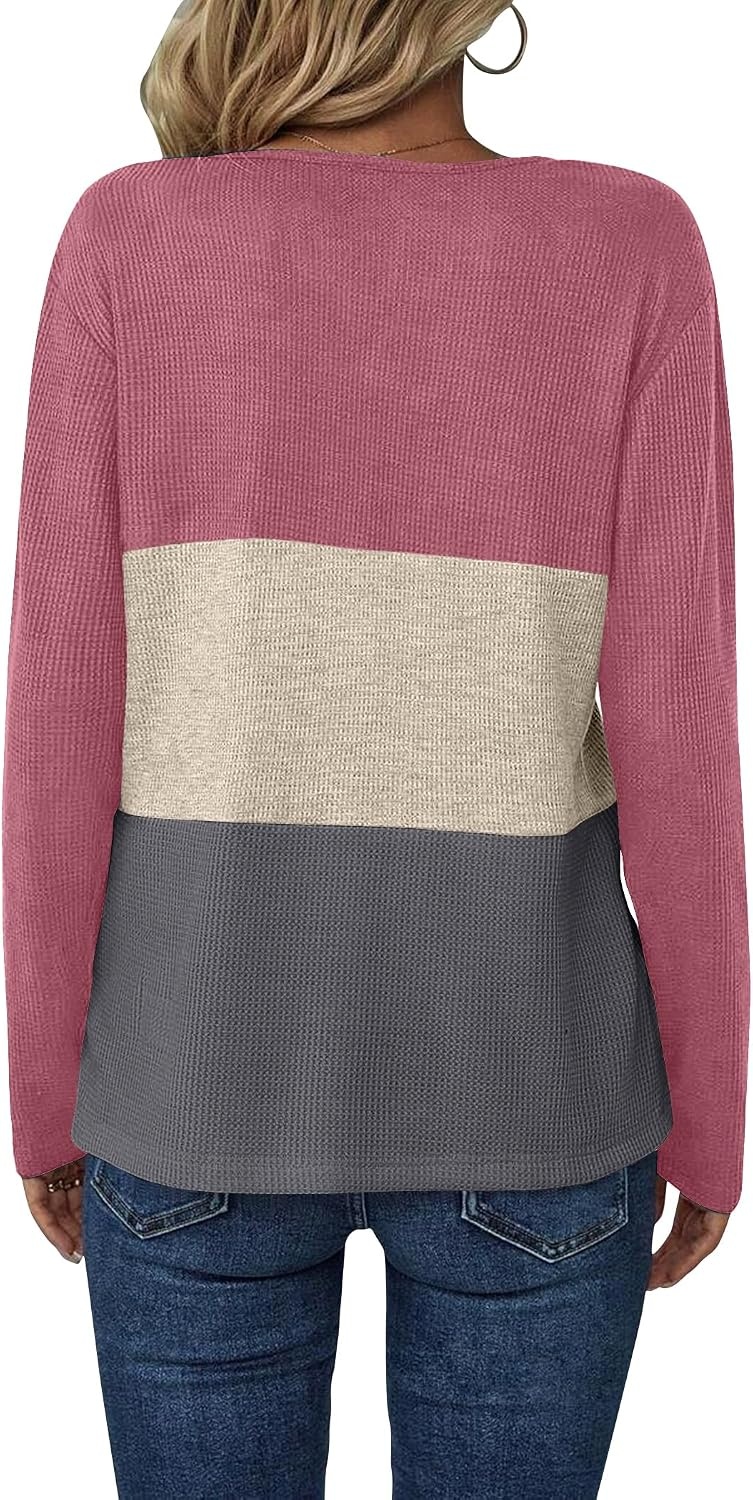 image:imageZeagoo Womens Waffle Shirts V Neck Long Sleeve Tops Color Block TShirts Casual Pullover Tunics 2025 Fashion Basic TeesPink PurpleBeigeDark Gray