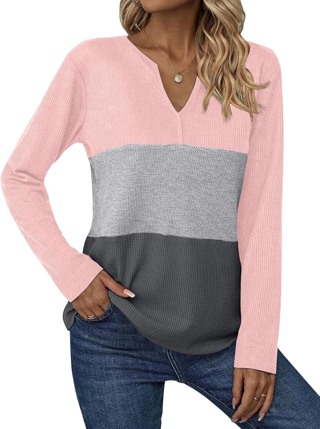 image:imageZeagoo Womens Waffle Shirts V Neck Long Sleeve Tops Color Block TShirts Casual Pullover Tunics 2025 Fashion Basic TeesPinkGrayCharcoal