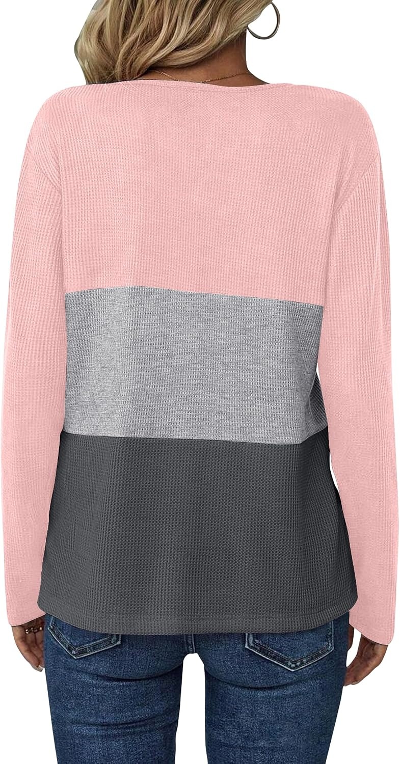 image:imageZeagoo Womens Waffle Shirts V Neck Long Sleeve Tops Color Block TShirts Casual Pullover Tunics 2025 Fashion Basic TeesPinkGrayCharcoal