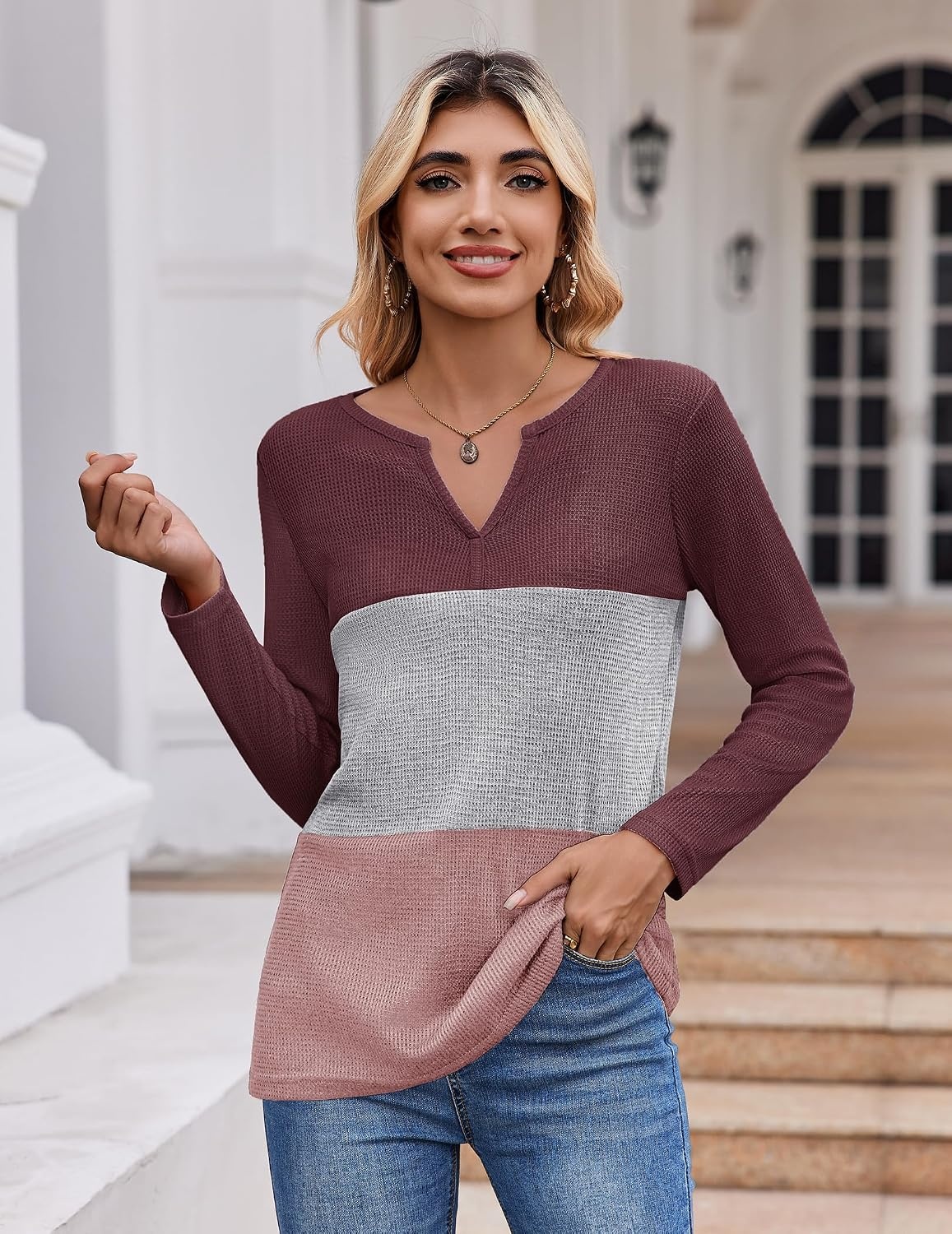 image:imageZeagoo Womens Waffle Shirts V Neck Long Sleeve Tops Color Block TShirts Casual Pullover Tunics 2025 Fashion Basic TeesRedGrayPink
