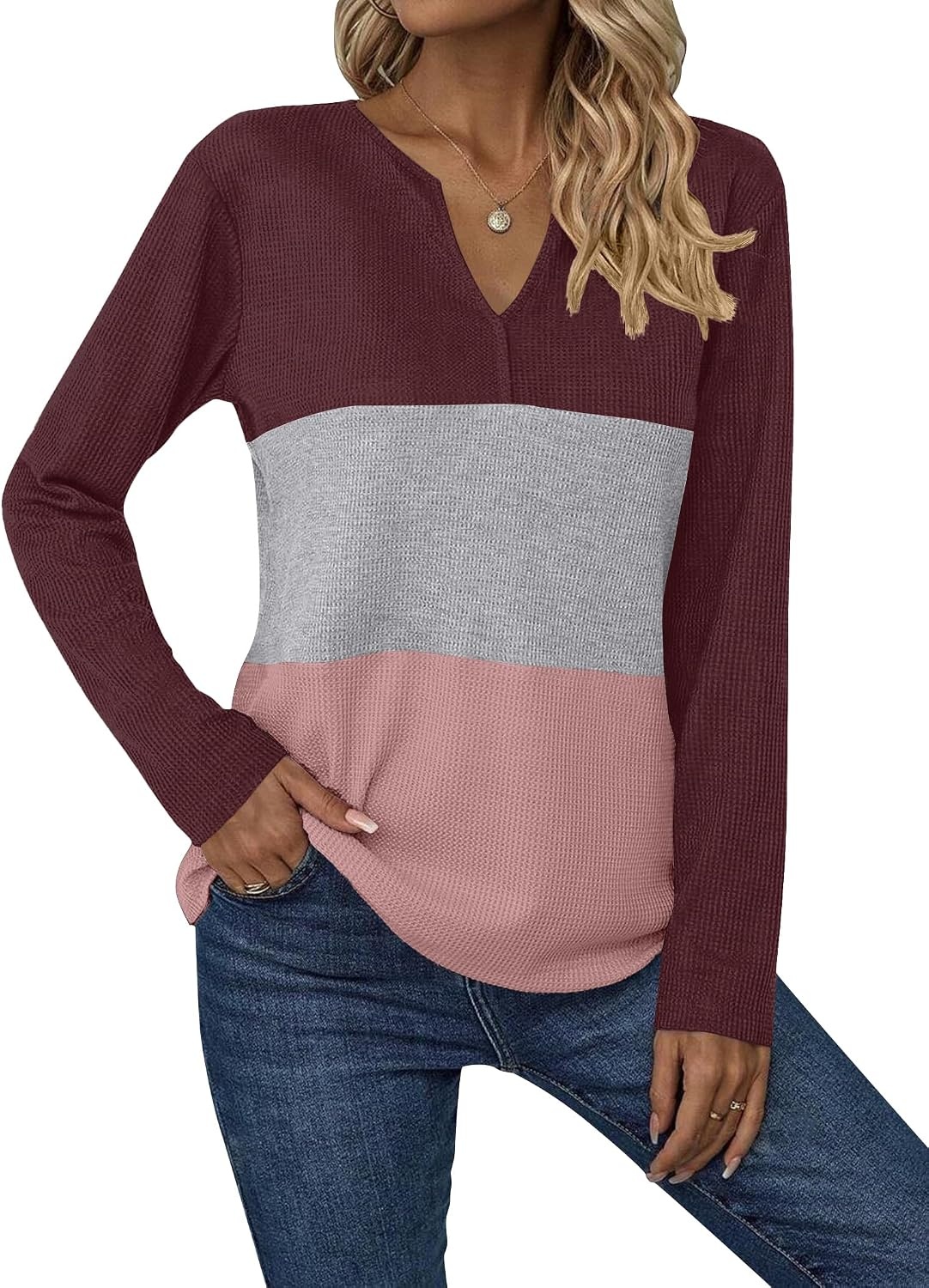 image:imageZeagoo Womens Waffle Shirts V Neck Long Sleeve Tops Color Block TShirts Casual Pullover Tunics 2025 Fashion Basic TeesRedGrayPink