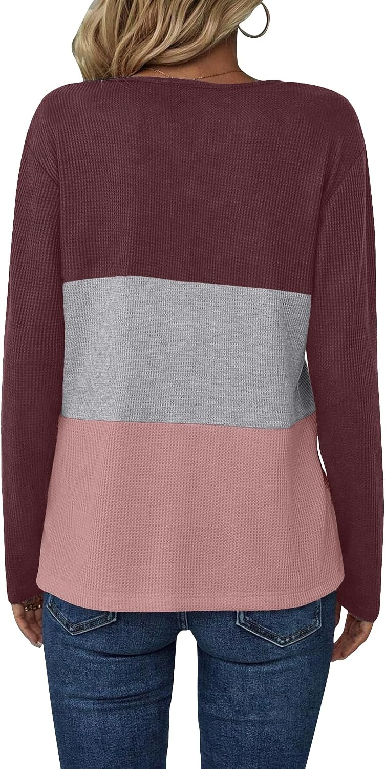 image:imageZeagoo Womens Waffle Shirts V Neck Long Sleeve Tops Color Block TShirts Casual Pullover Tunics 2025 Fashion Basic TeesRedGrayPink