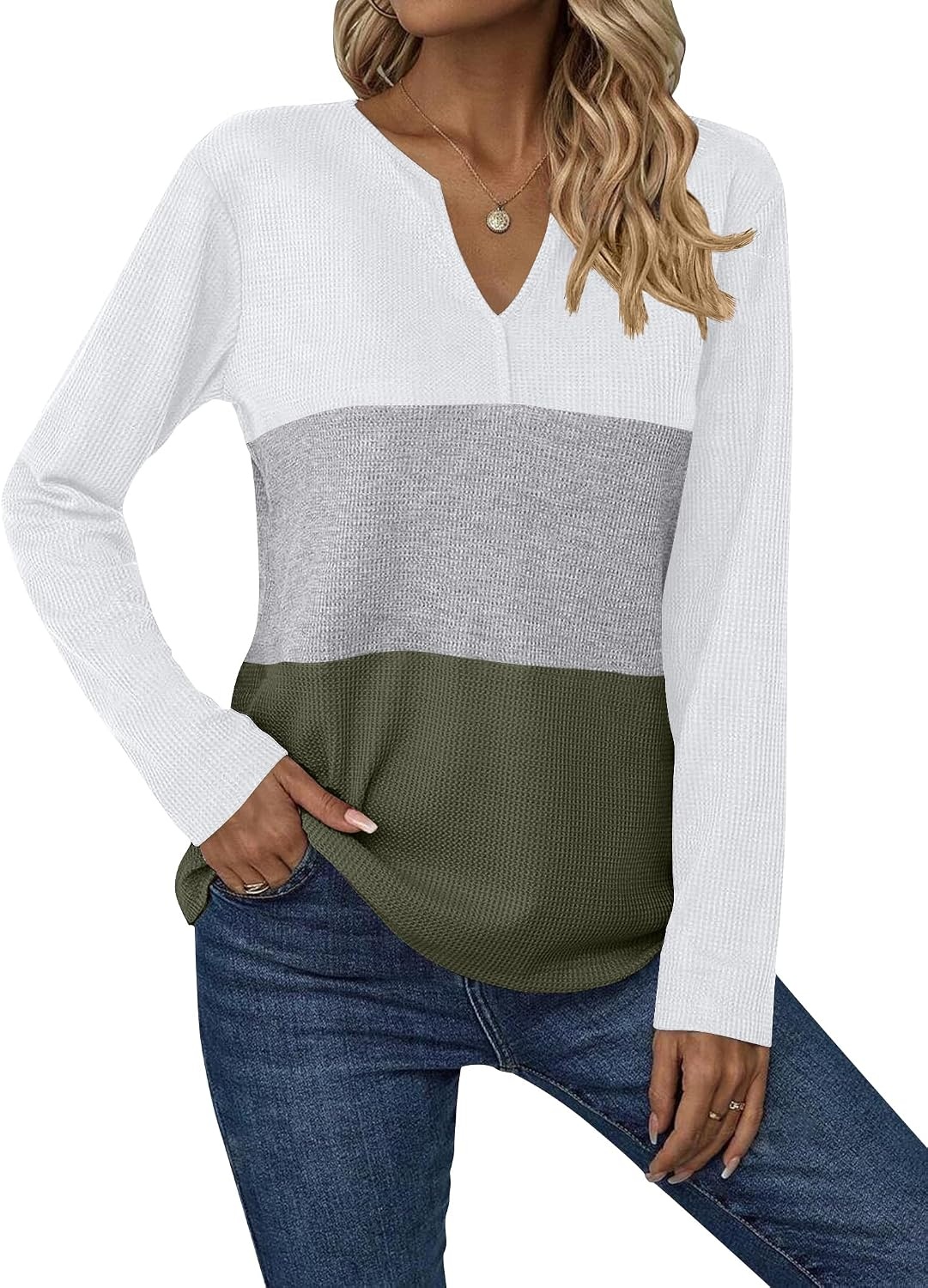 image:imageZeagoo Womens Waffle Shirts V Neck Long Sleeve Tops Color Block TShirts Casual Pullover Tunics 2025 Fashion Basic TeesWhiteGrayArmy Green