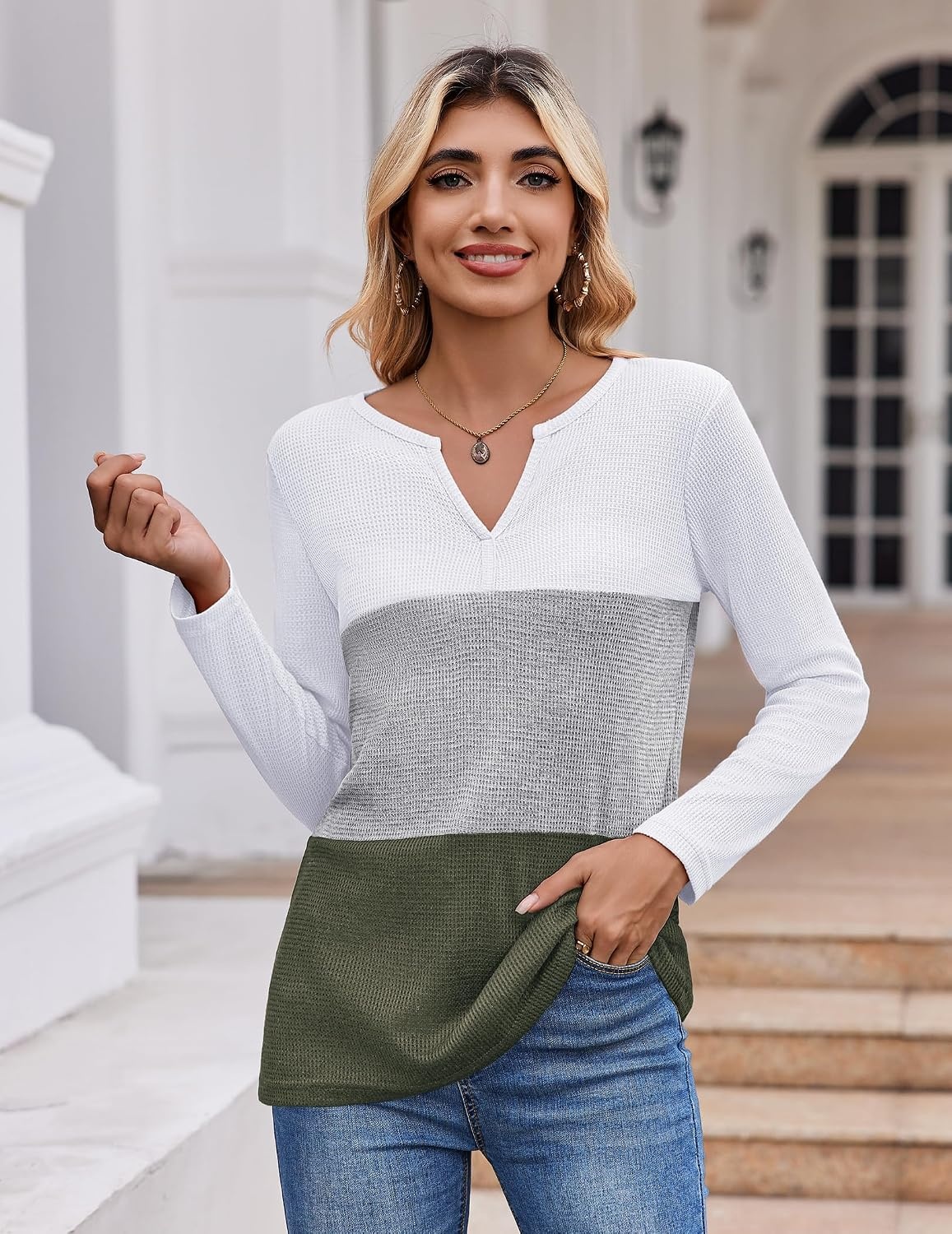 image:imageZeagoo Womens Waffle Shirts V Neck Long Sleeve Tops Color Block TShirts Casual Pullover Tunics 2025 Fashion Basic TeesWhiteGrayArmy Green