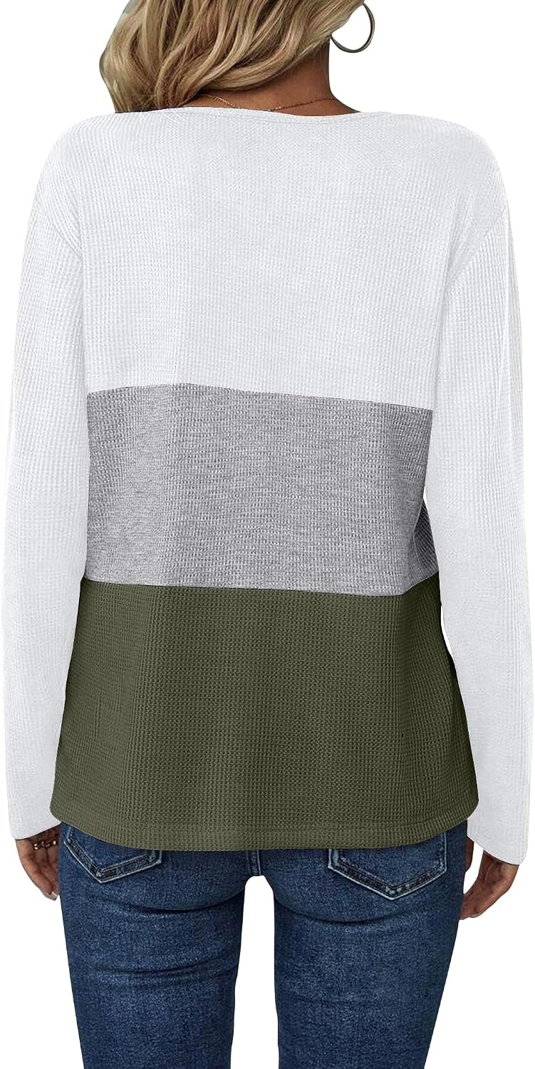 image:imageZeagoo Womens Waffle Shirts V Neck Long Sleeve Tops Color Block TShirts Casual Pullover Tunics 2025 Fashion Basic TeesWhiteGrayArmy Green