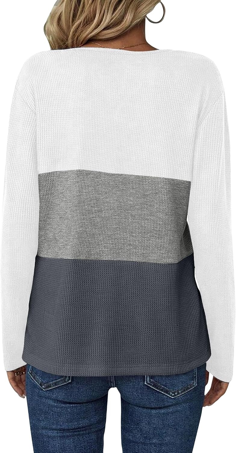 image:imageZeagoo Womens Waffle Shirts V Neck Long Sleeve Tops Color Block TShirts Casual Pullover Tunics 2025 Fashion Basic TeesWhiteGrayCharcoal