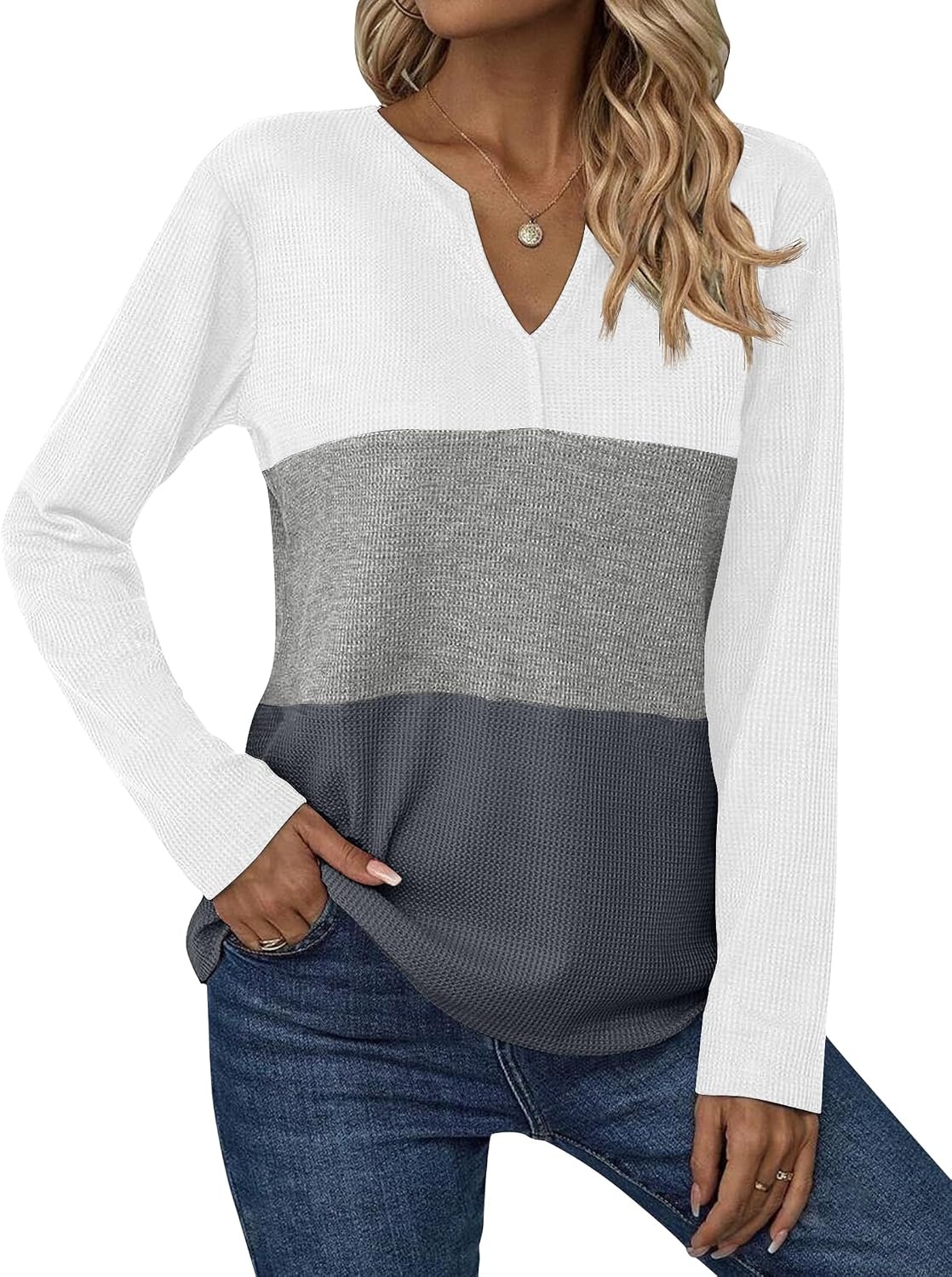 image:imageZeagoo Womens Waffle Shirts V Neck Long Sleeve Tops Color Block TShirts Casual Pullover Tunics 2025 Fashion Basic TeesWhiteGrayCharcoal