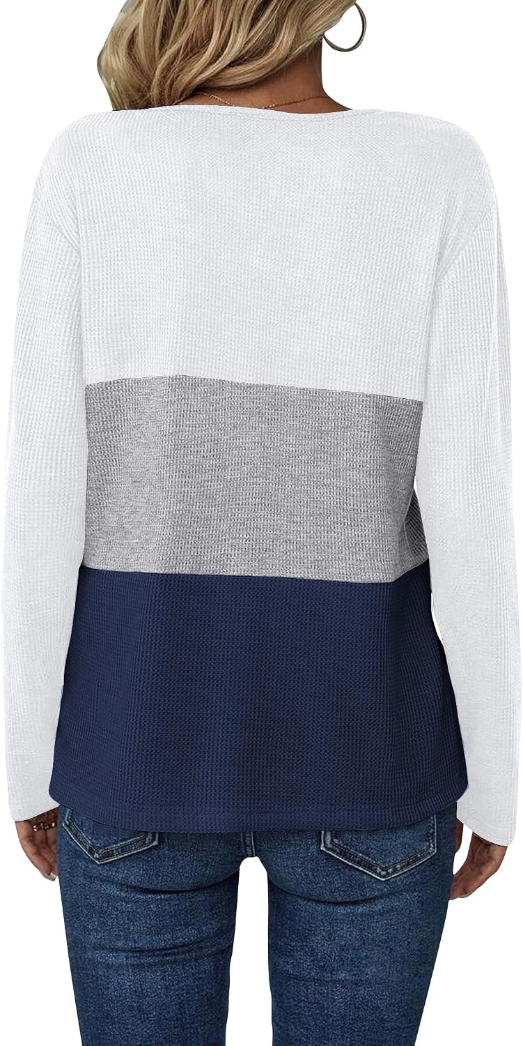 image:imageZeagoo Womens Waffle Shirts V Neck Long Sleeve Tops Color Block TShirts Casual Pullover Tunics 2025 Fashion Basic TeesWhiteGrayNavy Blue
