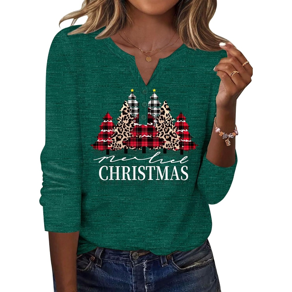 image:imageZeagoo Long Sleeve Shirts for Women Casual V Neck Fall Tops Summer BlousesChristmas Green