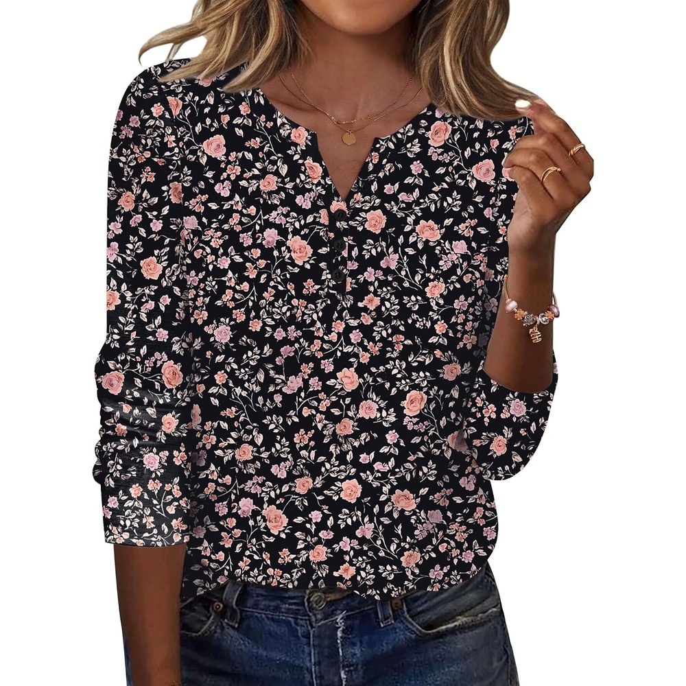 image:imageZeagoo Long Sleeve Shirts for Women Casual V Neck Fall Tops Summer BlousesFloral Black2