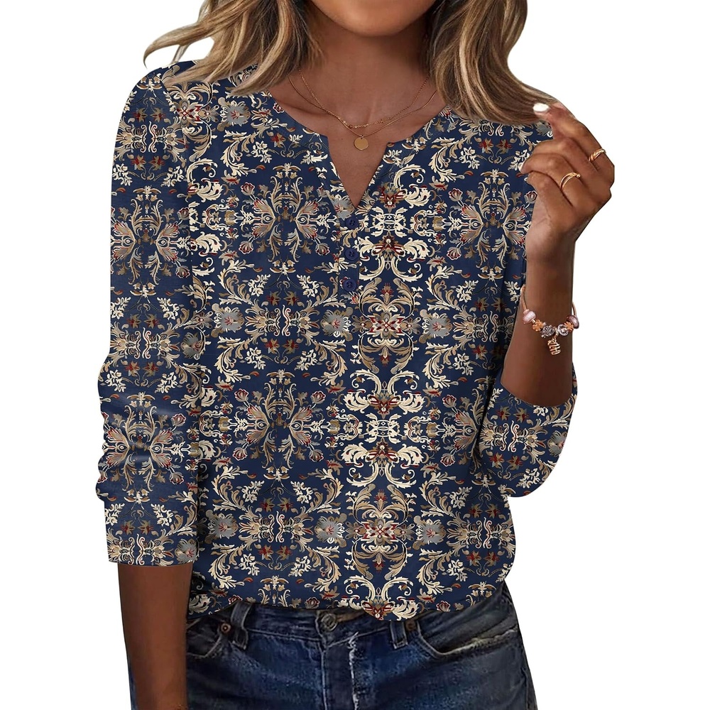 image:imageZeagoo Long Sleeve Shirts for Women Casual V Neck Fall Tops Summer BlousesNavy Floral 869