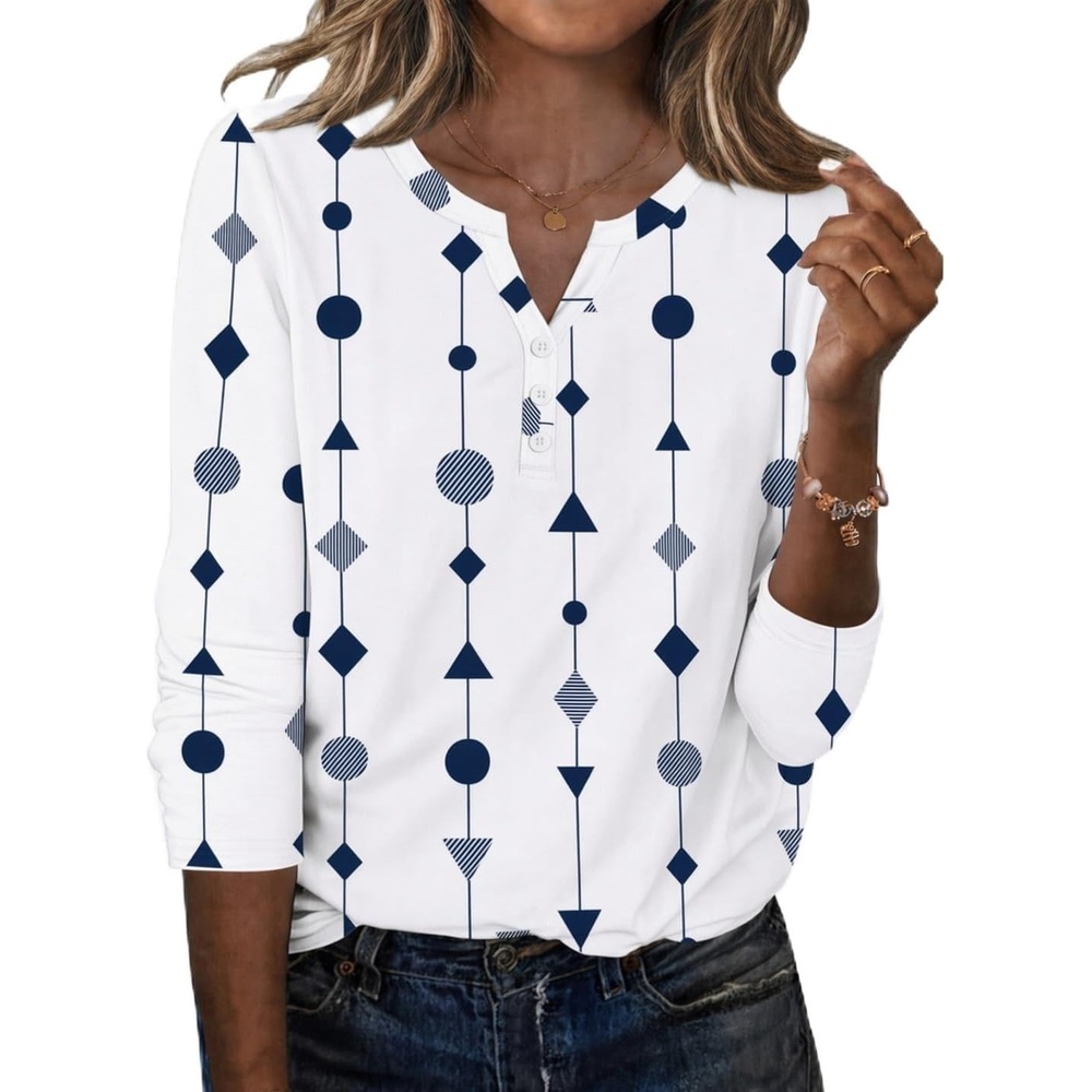 image:imageZeagoo Long Sleeve Shirts for Women Casual V Neck Fall Tops Summer BlousesWhite Geometric 599