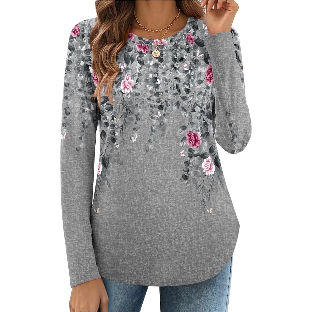 image:imageZeagoo Long Sleeve Shirts for Women Crew Neck Casual Fall Fashion Blouses Basic Tunic Tops Dressy Work ClothesAgrey Printhf36