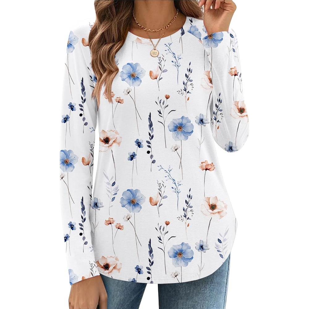 image:imageZeagoo Long Sleeve Shirts for Women Crew Neck Casual Fall Fashion Blouses Basic Tunic Tops Dressy Work ClothesAwhite Flowerbf112