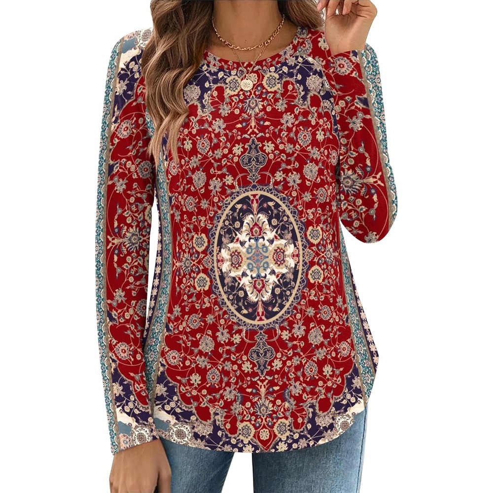 image:imageZeagoo Long Sleeve Shirts for Women Crew Neck Casual Fall Fashion Blouses Basic Tunic Tops Dressy Work ClothesFloral Redmz870