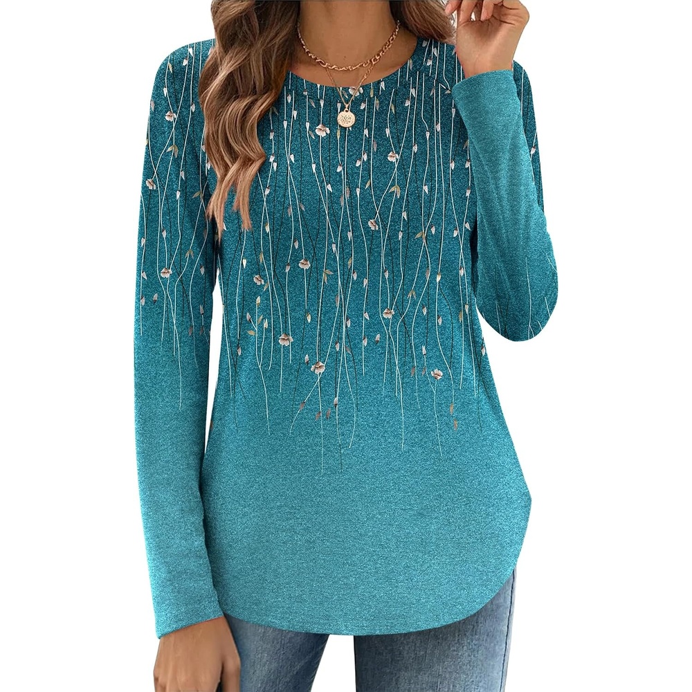image:imageZeagoo Long Sleeve Shirts for Women Crew Neck Casual Fall Fashion Blouses Basic Tunic Tops Dressy Work ClothesGreen Leavexh363
