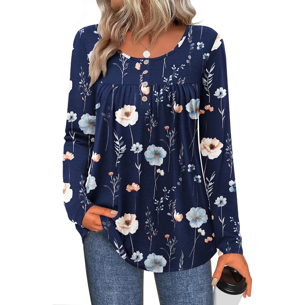 image:imageZeagoo Long Sleeve Shirts for Women Dressy Casual Blouses Loose Tunic TopsBlue Flowerbf318