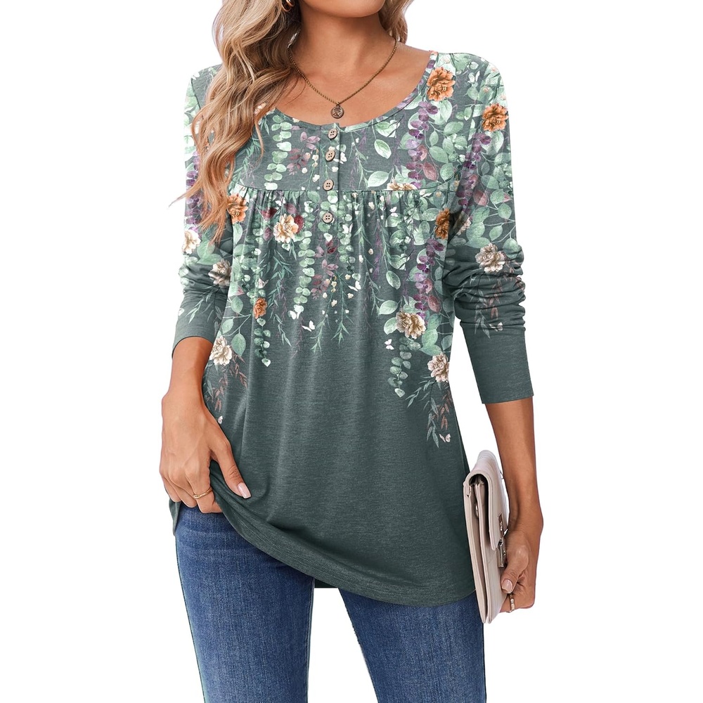 image:imageZeagoo Long Sleeve Shirts for Women Dressy Casual Blouses Loose Tunic TopsGray Printwf71