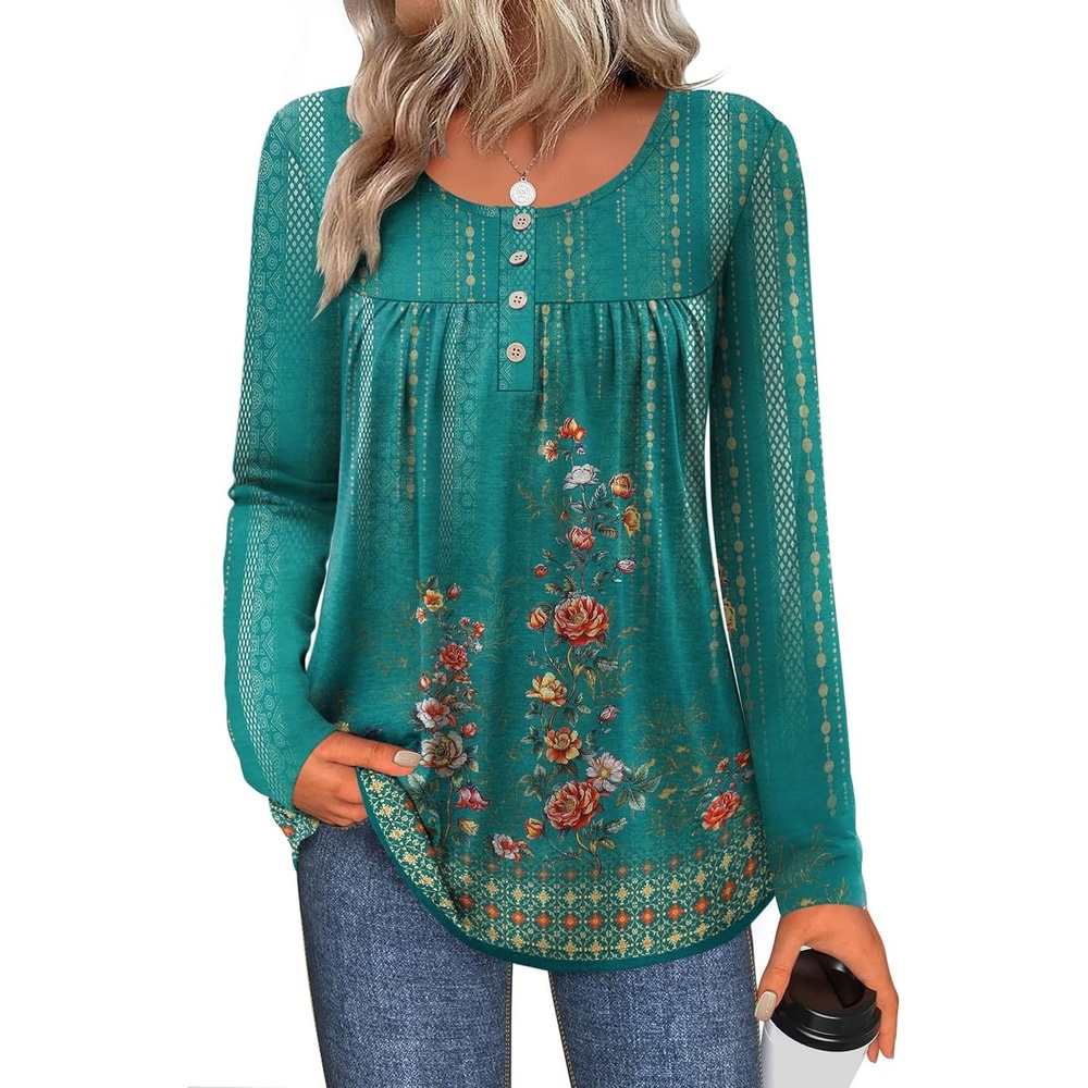 image:imageZeagoo Long Sleeve Shirts for Women Dressy Casual Blouses Loose Tunic TopsGreen Printmz871